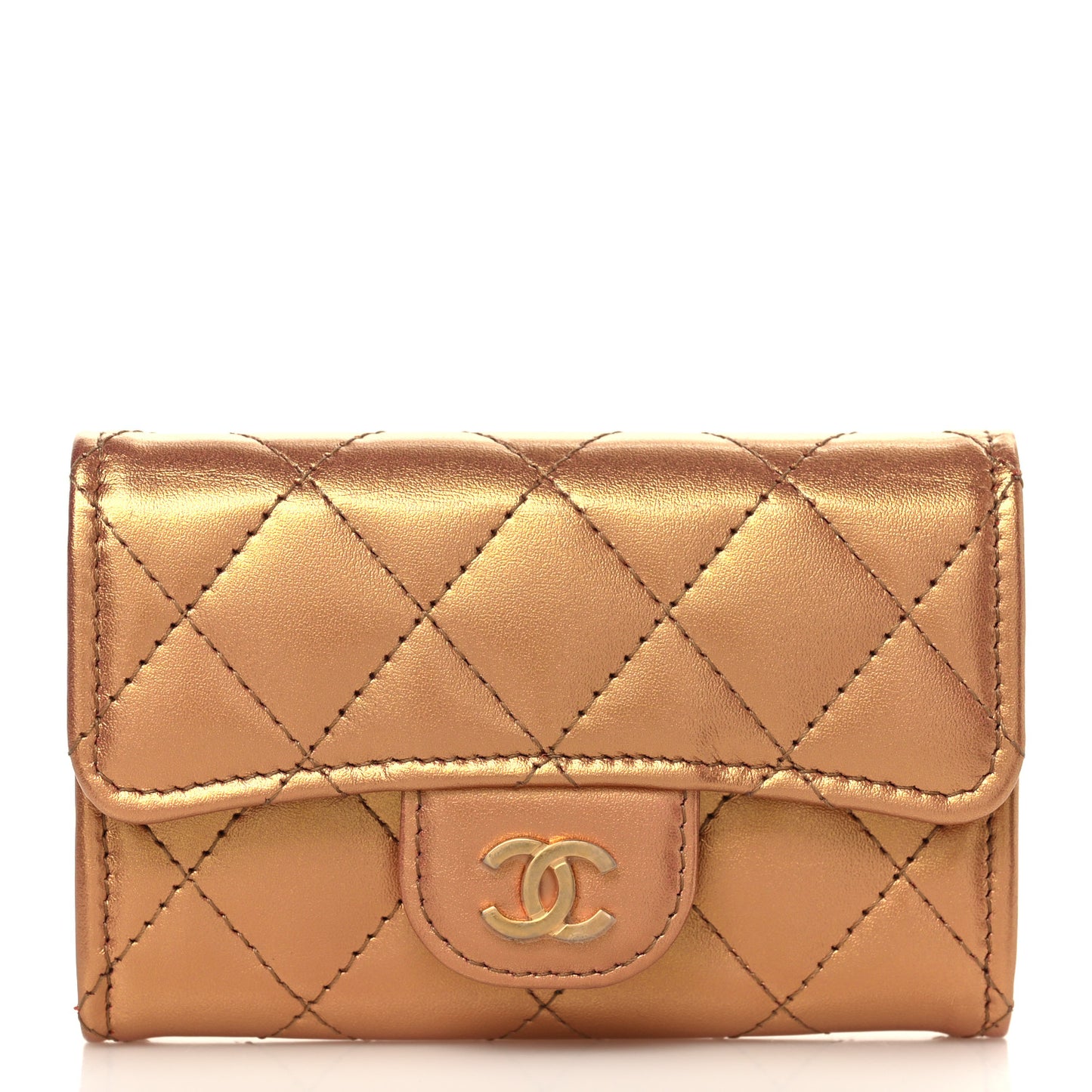 Metallic Lambskin Quilted Flap Card Holder Wallet Golden