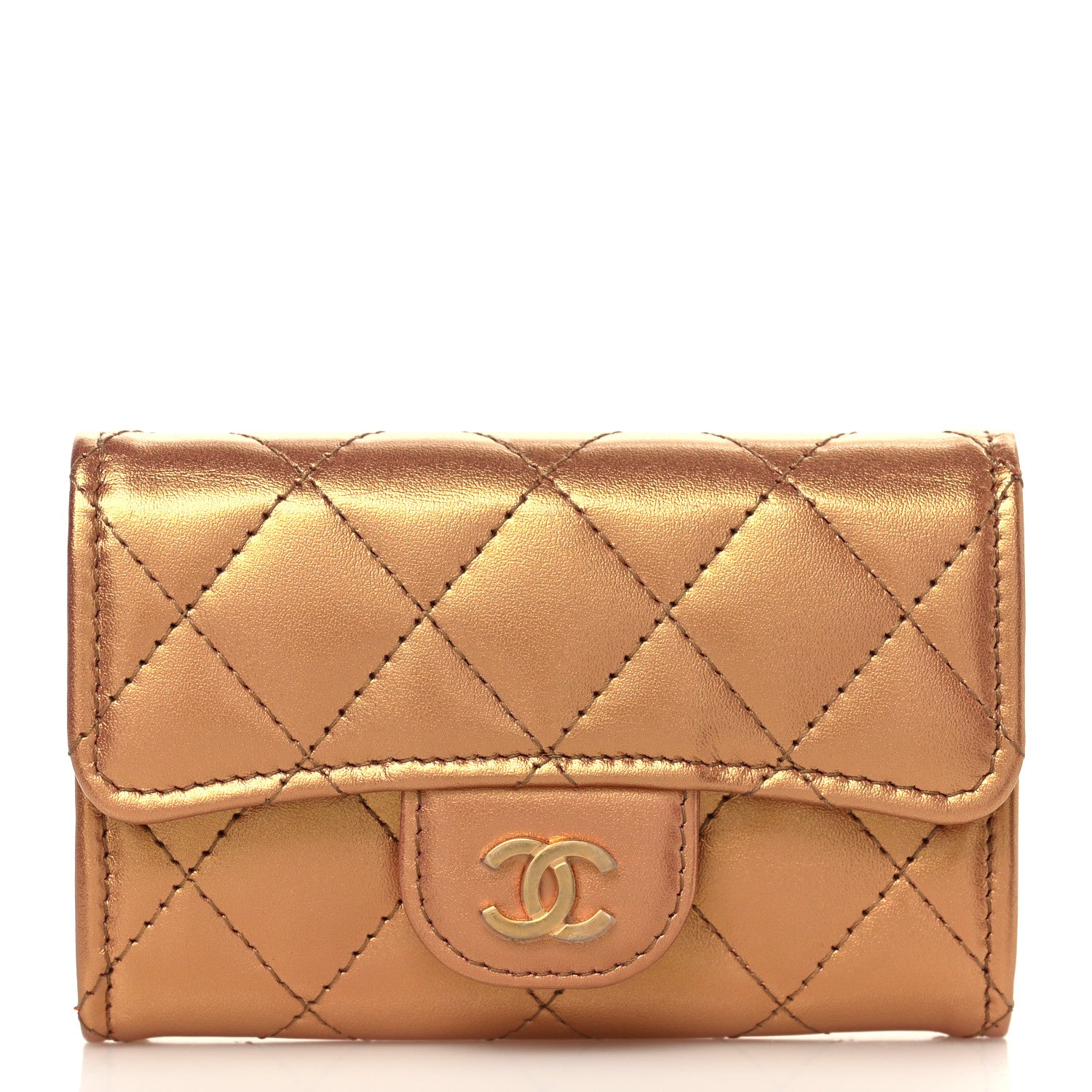 Chanel Metallic Lambskin Quilted Flap Card Holder Wallet Golden 1 of 8
