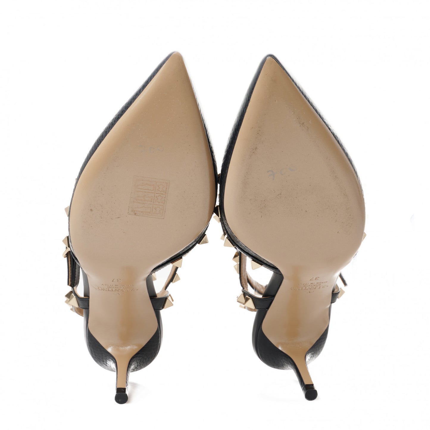 Pebbled Calfskin Rockstud Ankle Strap 65mm Pumps 37 Black