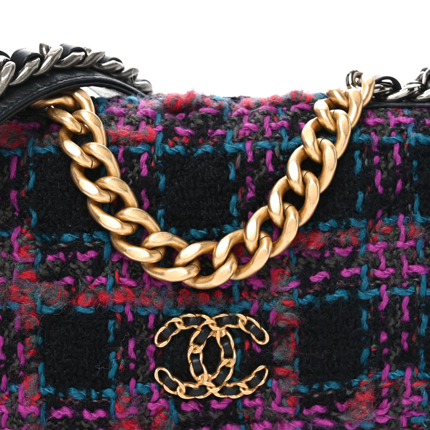 Chanel Tweed Quilted Chanel 19 Wallet On Chain WOC Black Pink Blue 9 of 12