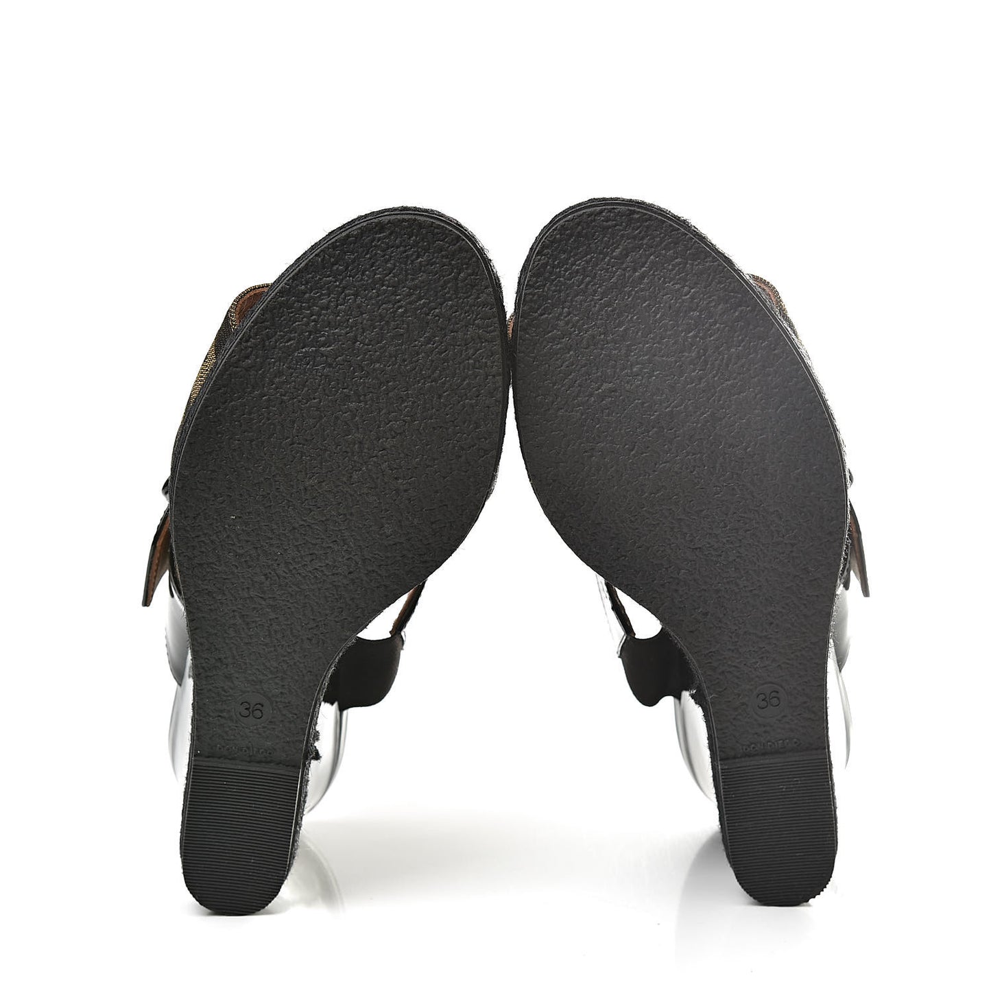 Patent Fabric FF Wedge Sandals 36 Tobacco Black
