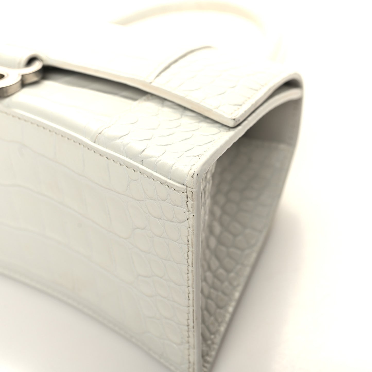 Calfskin Crocodile Embossed Small Hourglass Top Handle Bag White