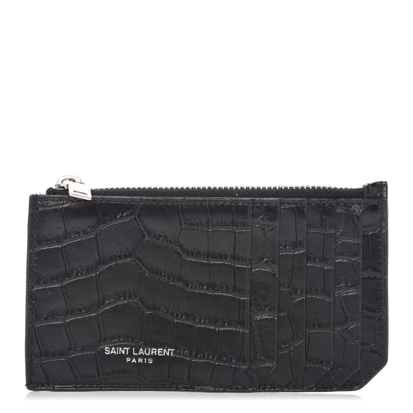 Calfskin Crocodile Embossed 5 Fragments Zip Pouch Card Holder Black