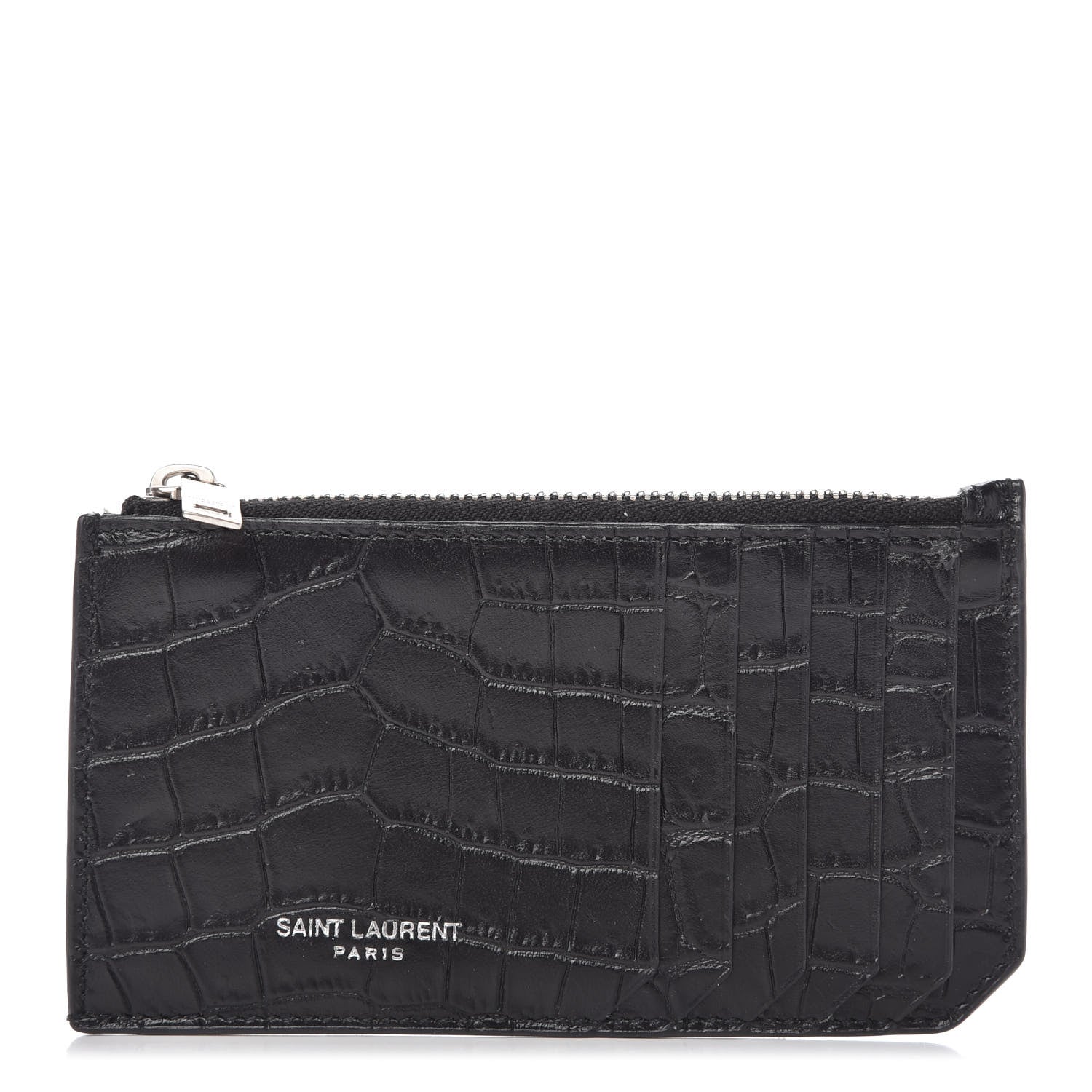 Saint Laurent Calfskin Crocodile Embossed 5 Fragments Zip Pouch Card Holder Black 1 of 10