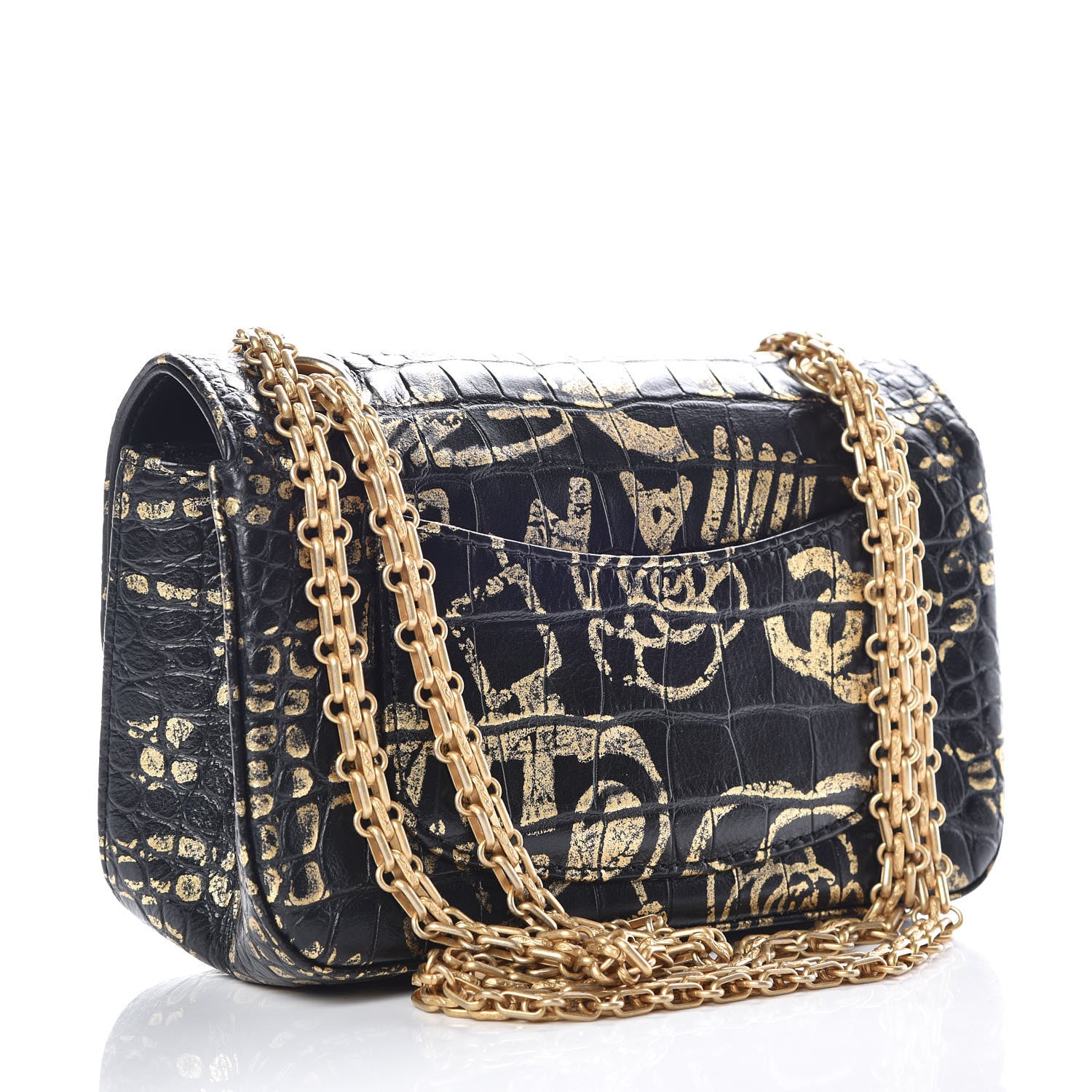 Chanel Calfskin Crocodile Embossed Graffiti 2.55 Mini Cocodile Reissue Flap Black Gold 3 of 10