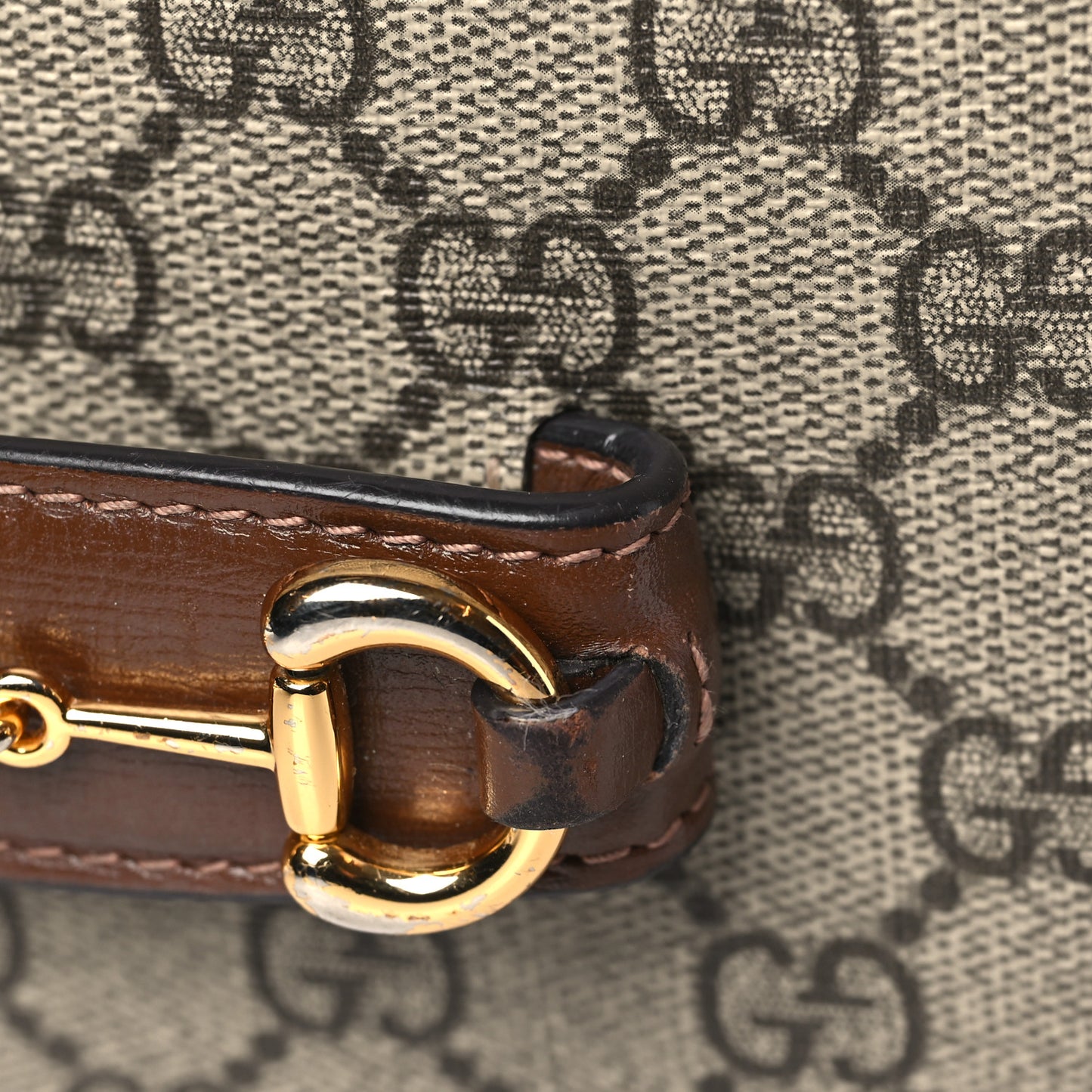 GG Supreme Monogram Azalea Calfskin Web Mini Horsebit 1955 Shoulder Bag Beige Ebony Brown Sugar