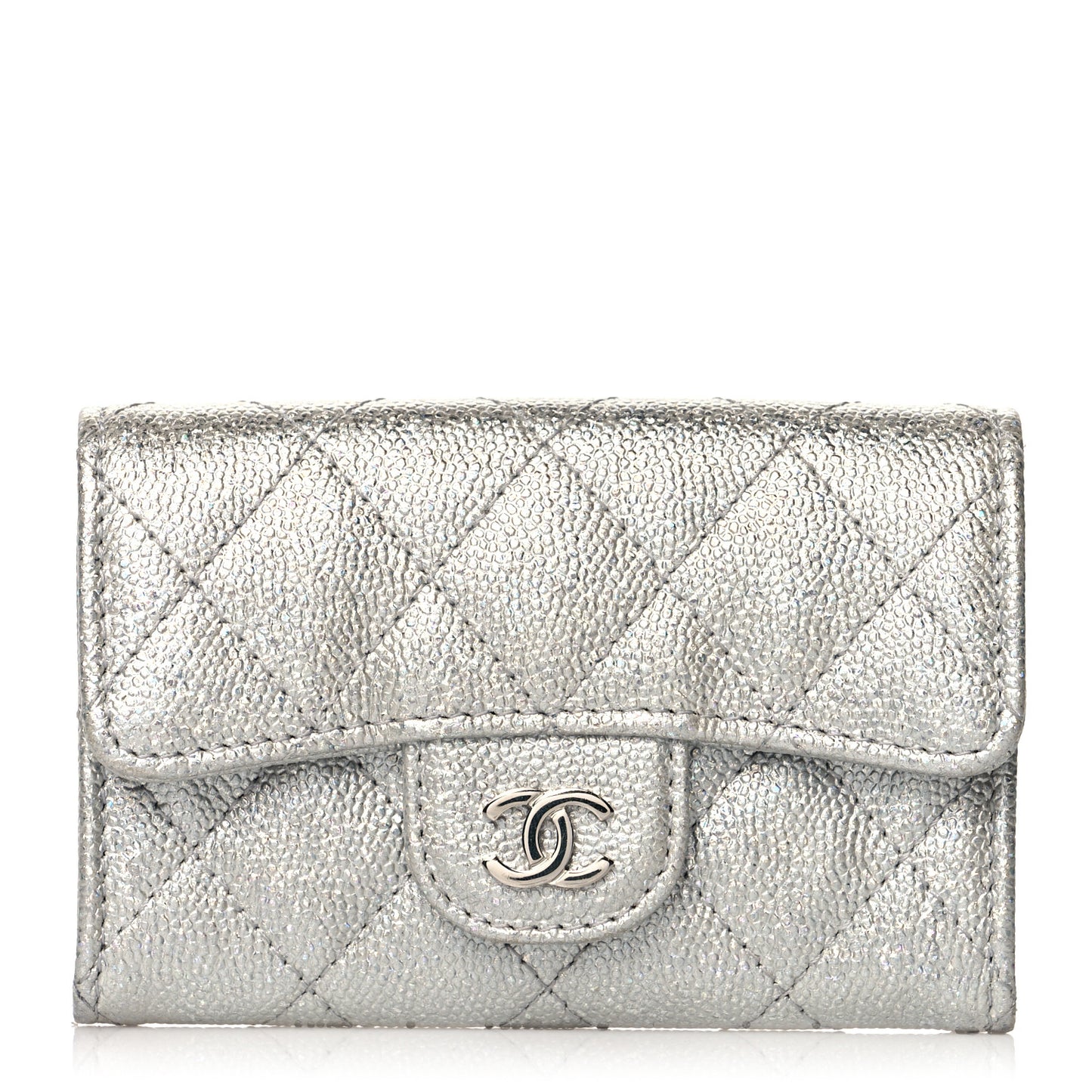 Glittered Metallic Caviar Quilted Flap Card Holder Wallet Silver