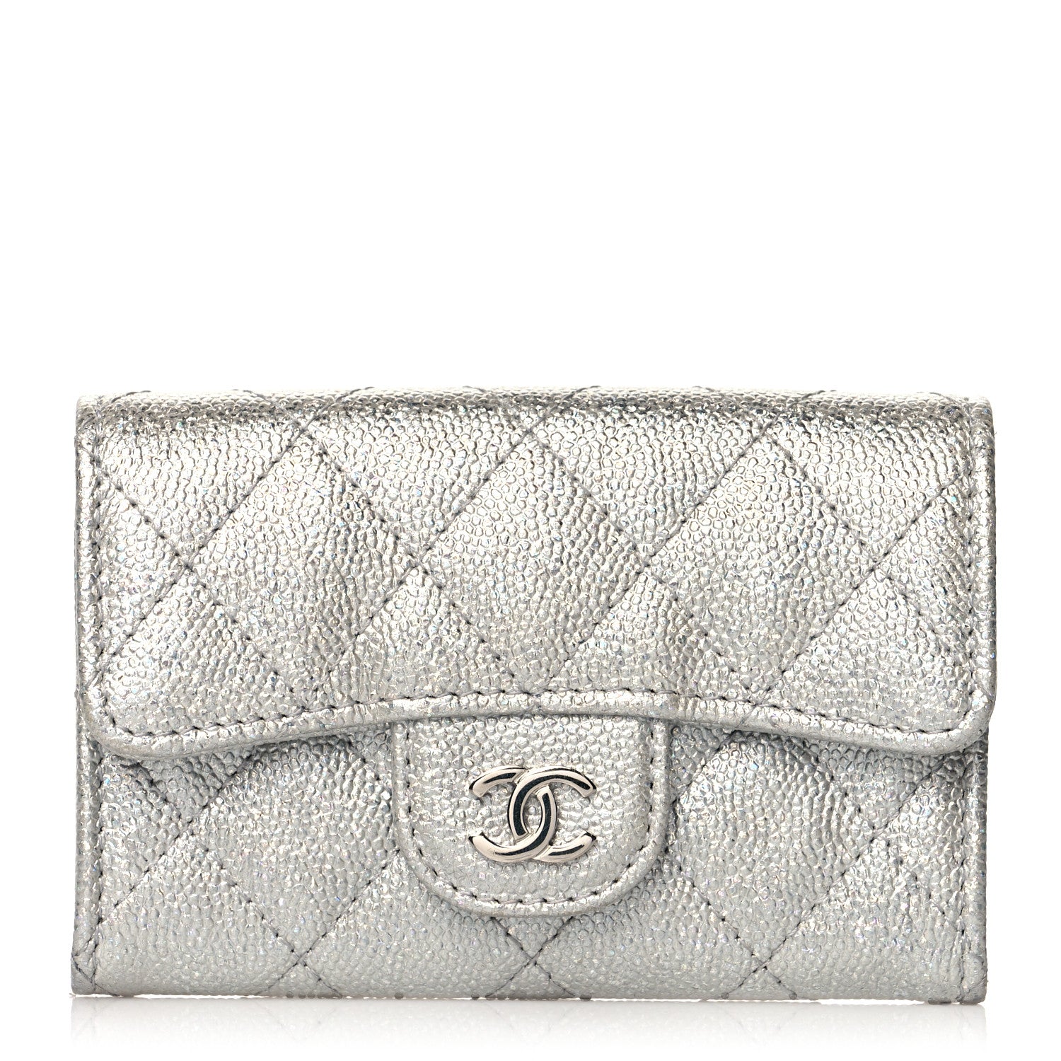 Chanel Glittered Metallic Caviar Quilted Flap Card Holder Wallet Silver 1 of 9