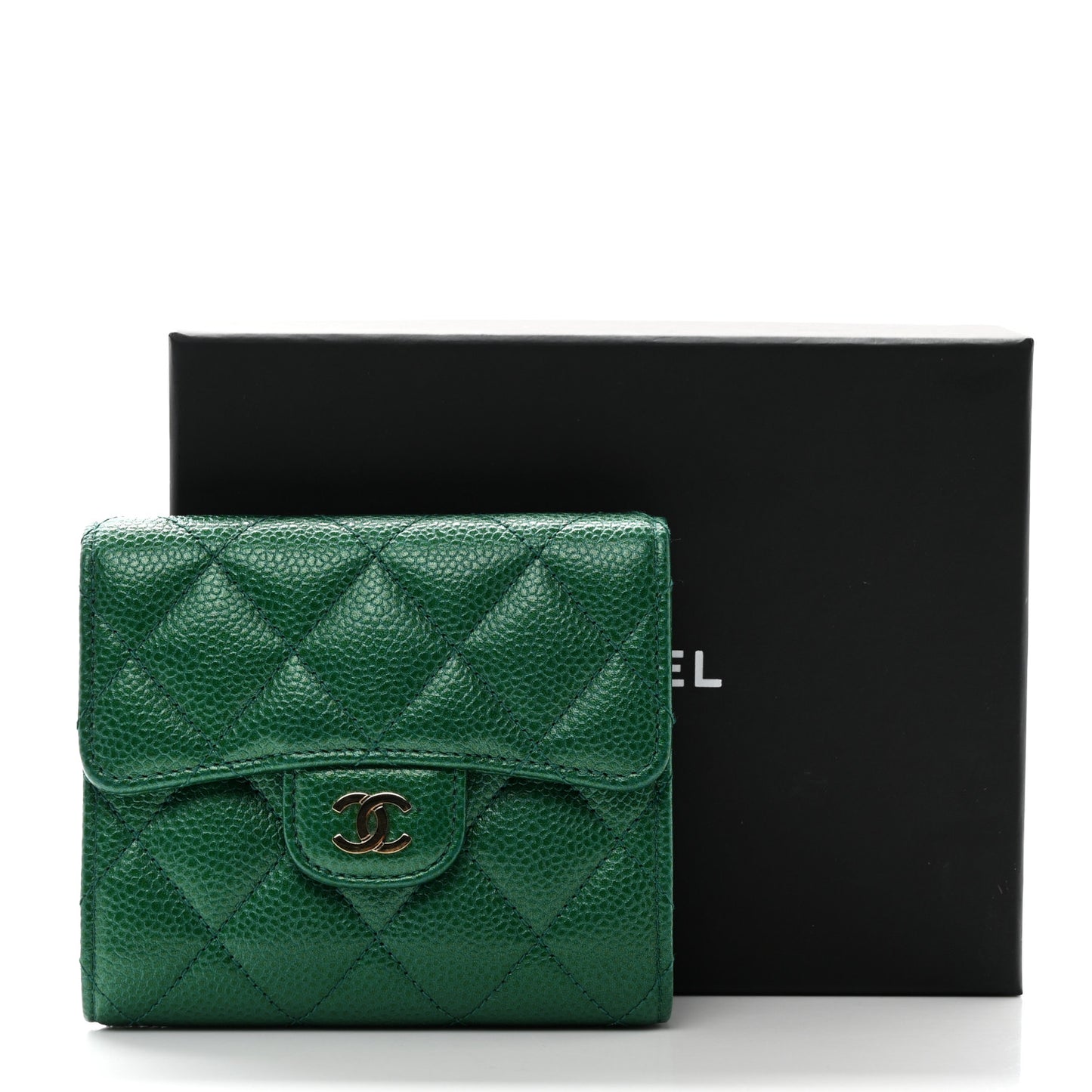 Metallic Caviar Quilted Compact Flap Wallet Green