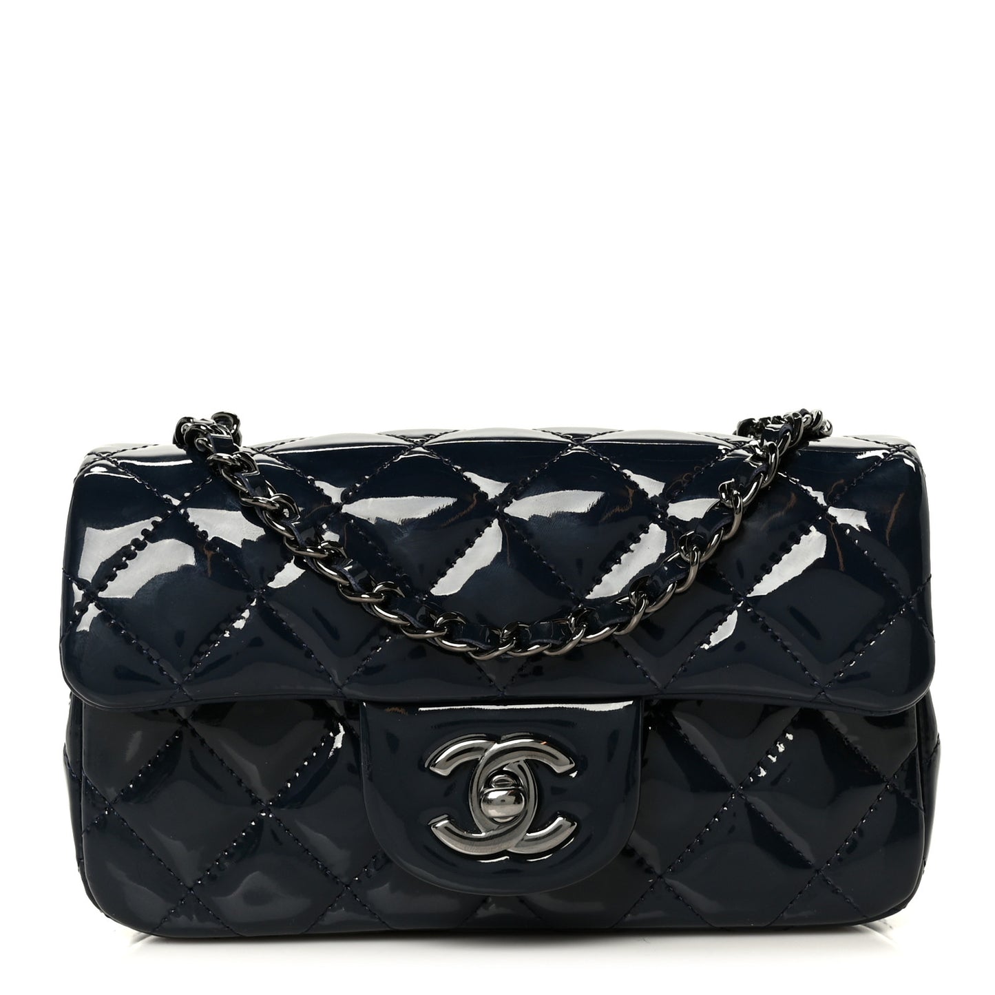 Patent Calfskin Quilted Extra Mini Rectangular Flap Navy Blue