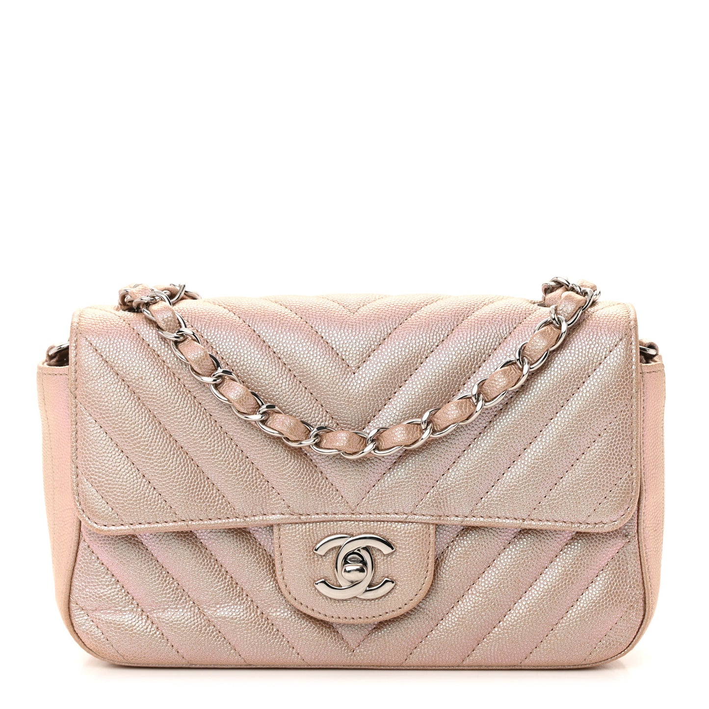 Iridescent Caviar Chevron Quilted Mini Rectangular Flap Light Gold