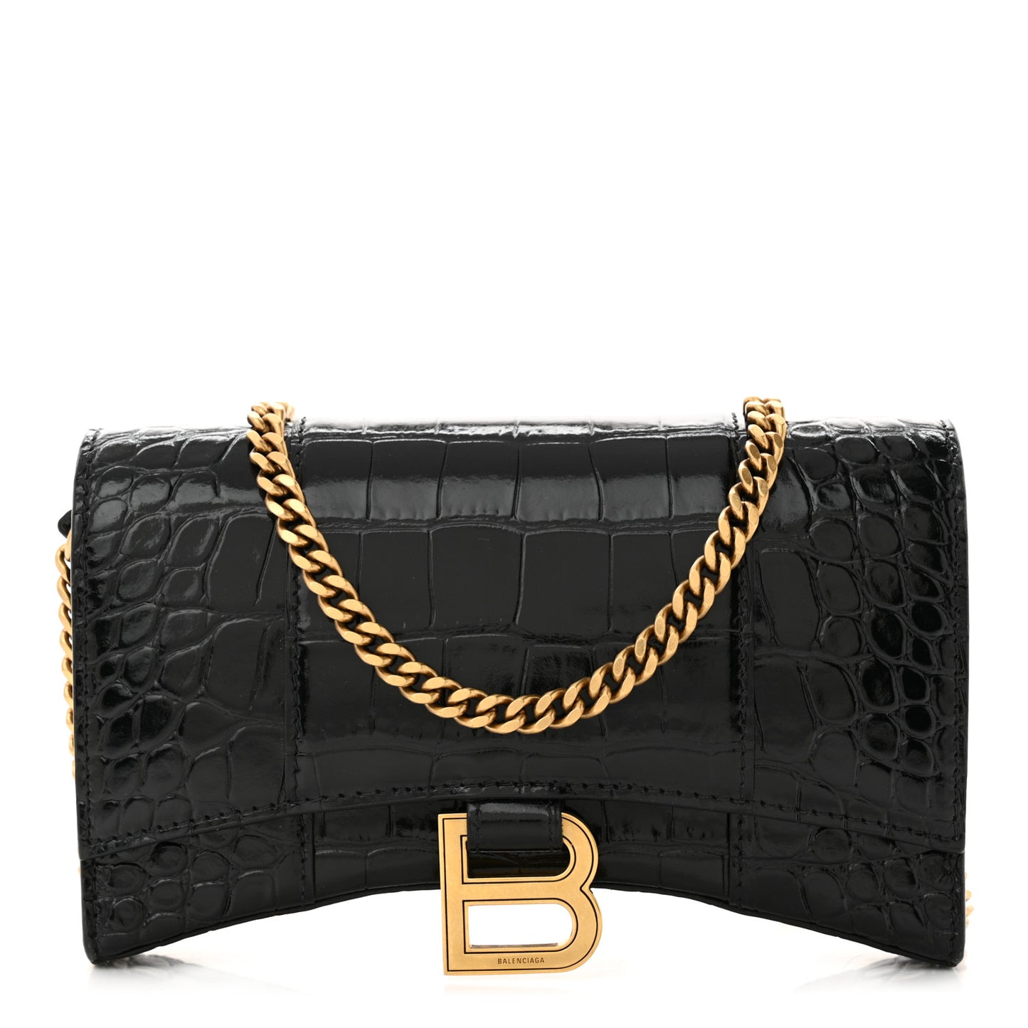 Shiny Calfskin Crocodile Embossed Hourglass Chain Bag Black