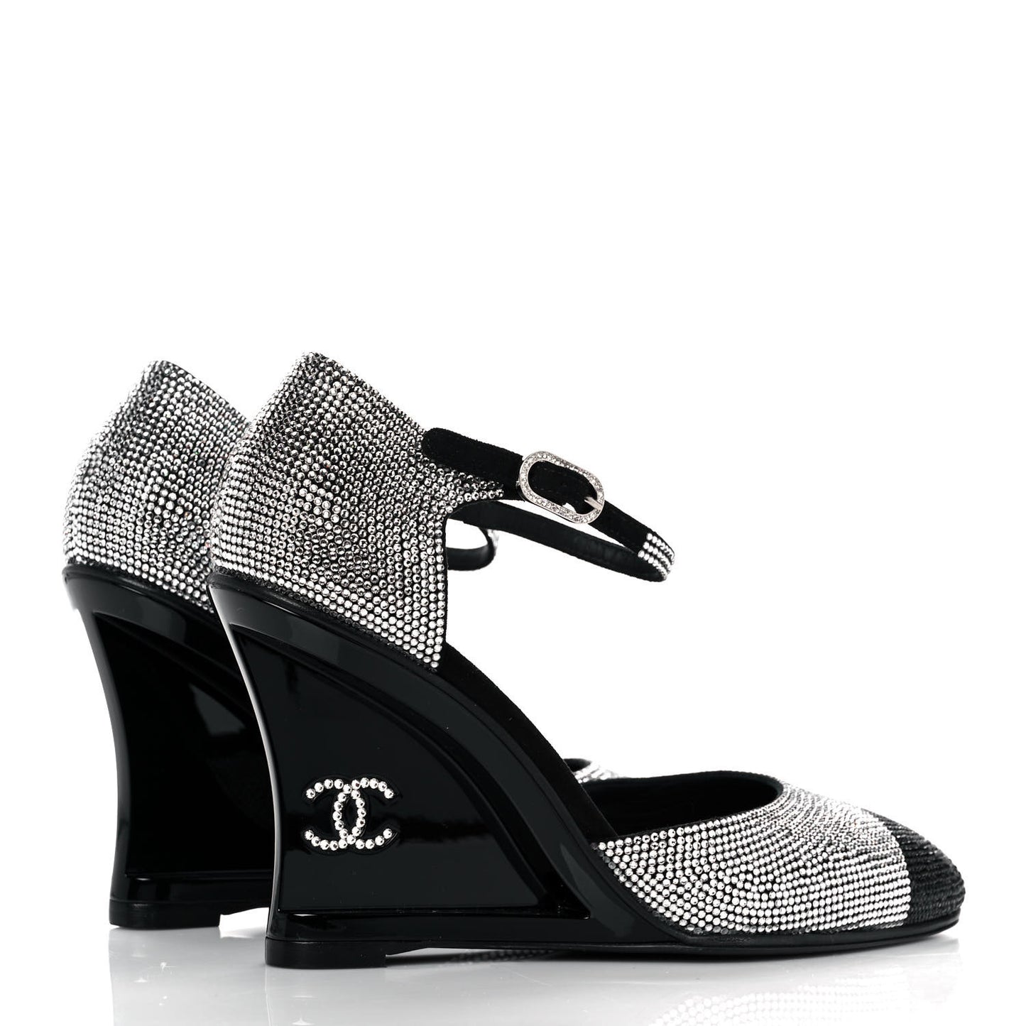 Crystal Cap Toe CC Wedge Ankle Strap Pumps 38 Silver Black