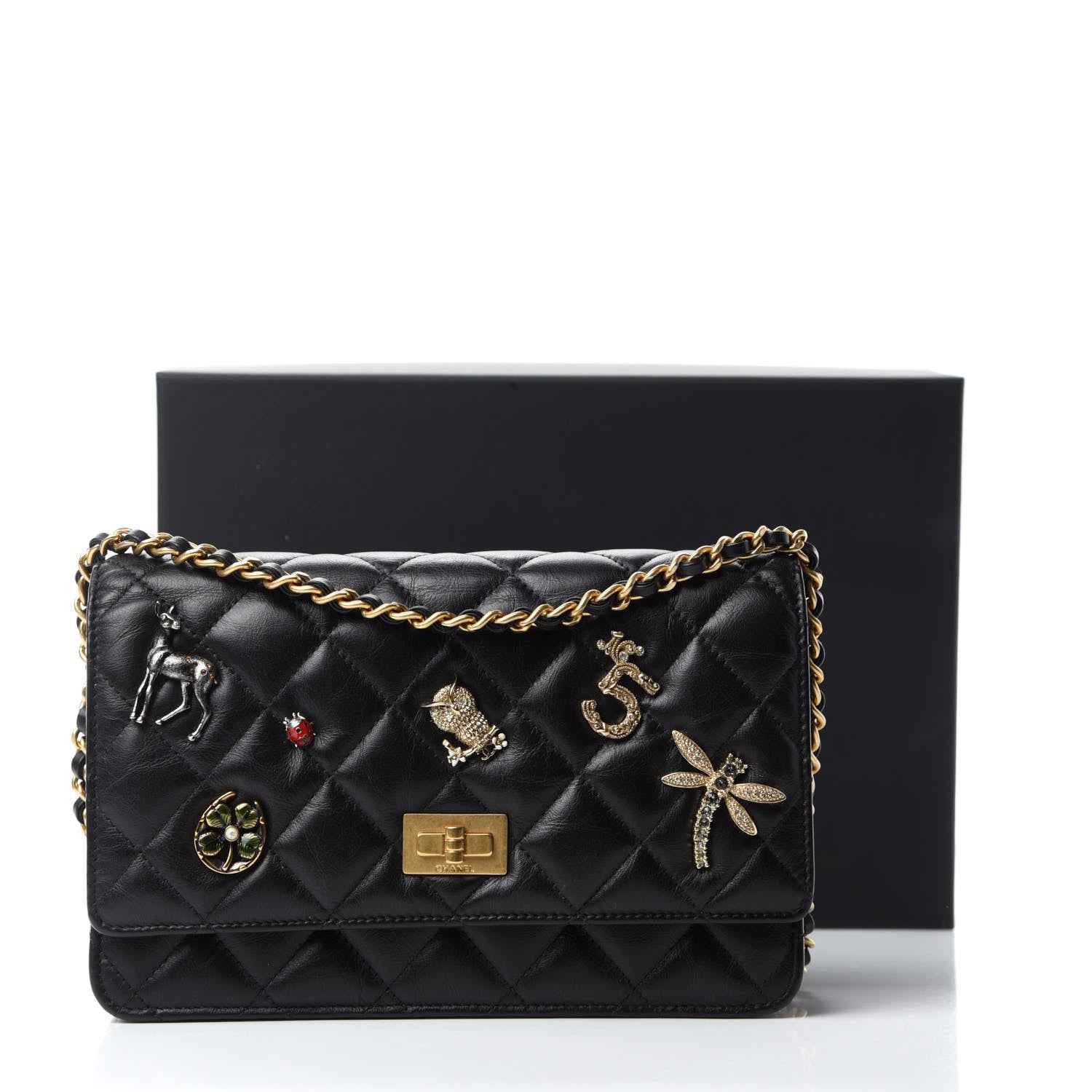 Chanel Aged Calfskin Quilted Lucky Charms 2.55 Reissue Wallet On Chain WOC Black 12 of 12