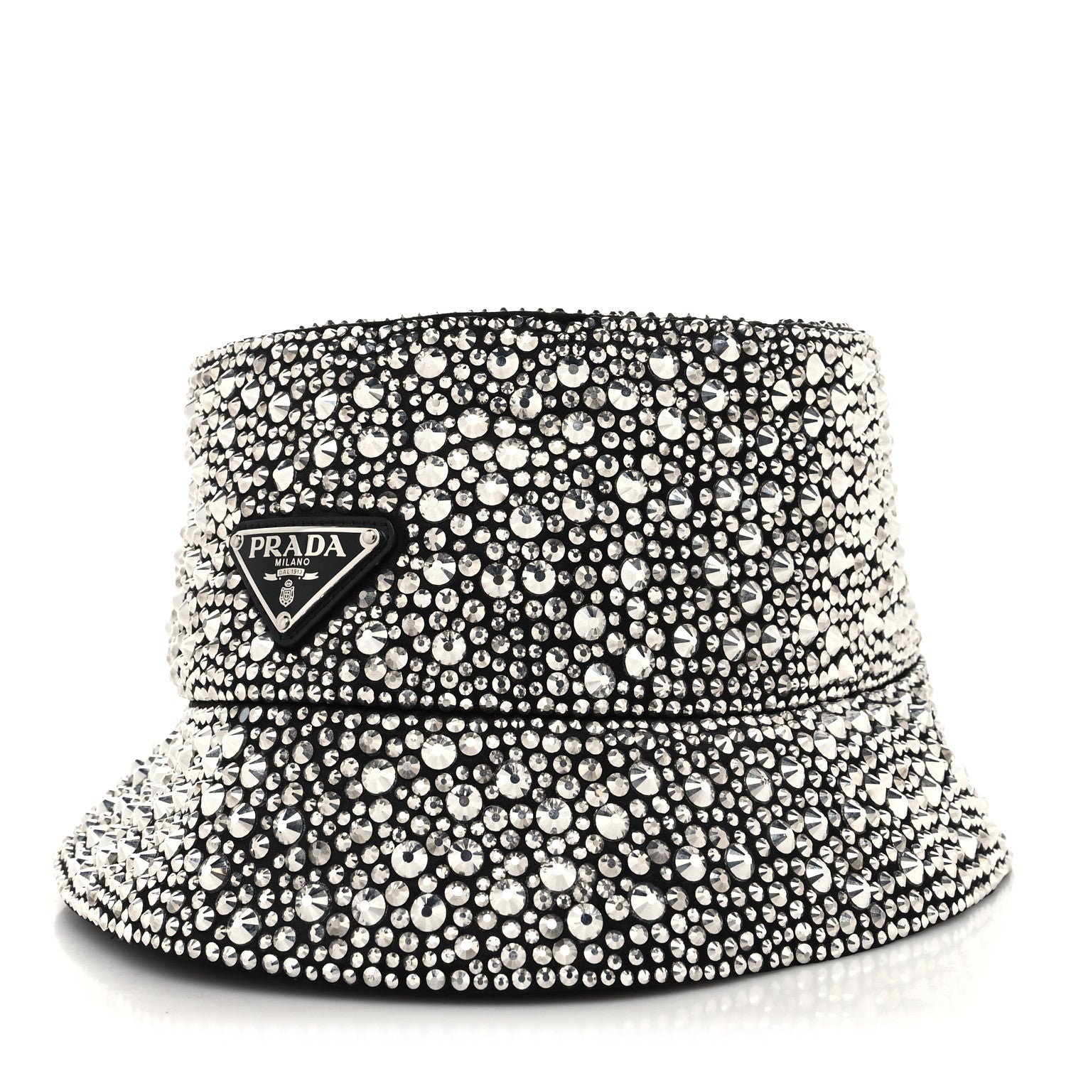 Prada Satin Crystal Metal Triangle Logo Womens Bucket Hat M Metal 1 of 8