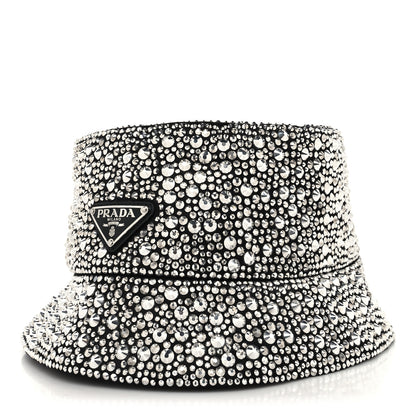Prada Satin Crystal Metal Triangle Logo Womens Bucket Hat M Metal 1 of 8