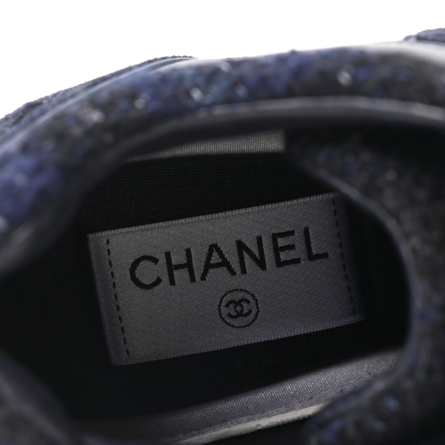 Chanel Iridescent Wool Tweed Suede Womens CC Sneakers 36 Navy Black White 8 of 9