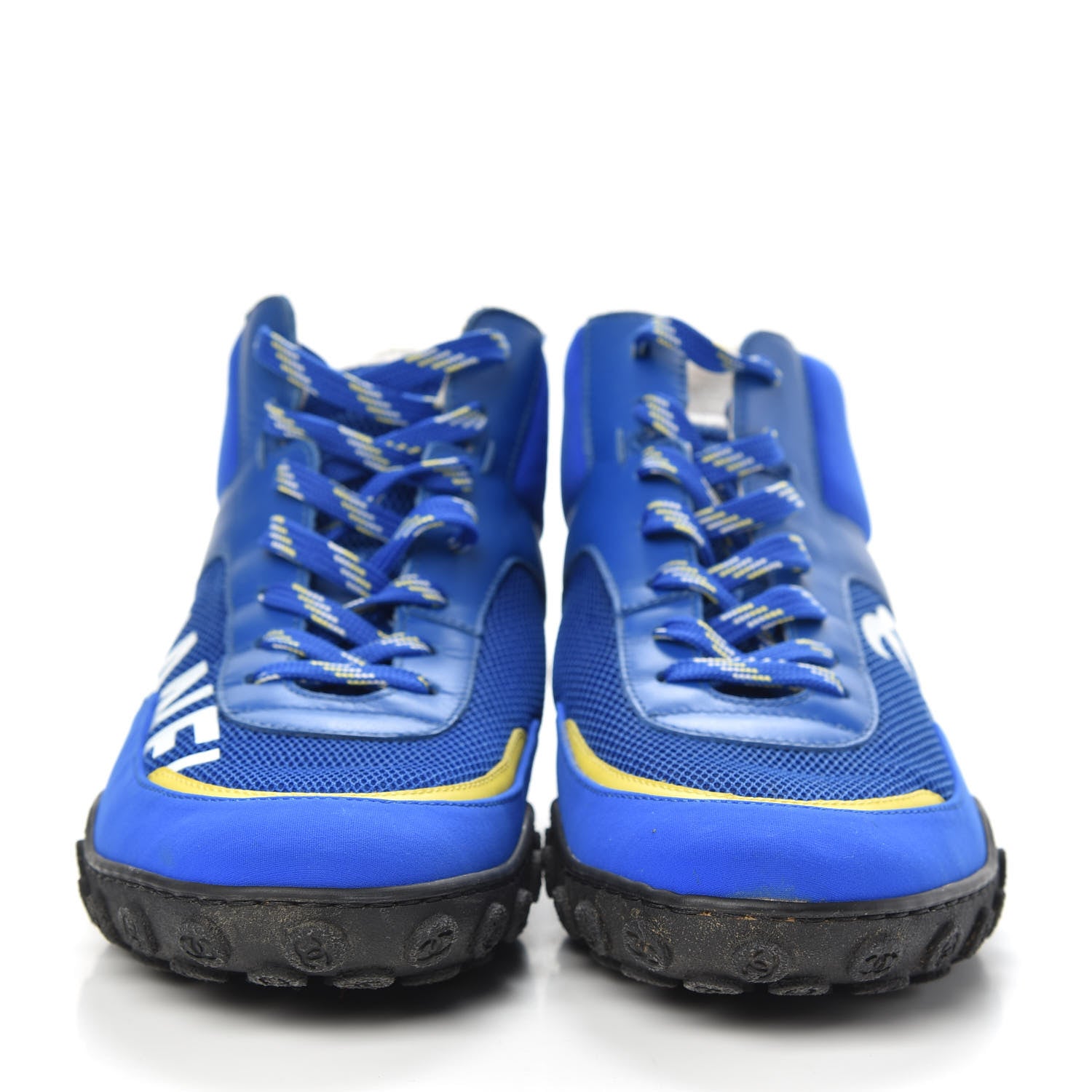 Chanel Calfskin Mesh Lycra Womens Logo High Top Sneakers 38 Blue 2 of 7