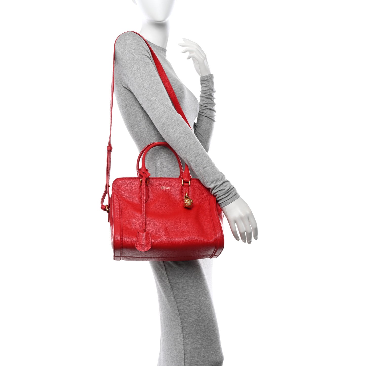 Pebbled Calfskin Small Skull Padlock Zip Around Tote Red