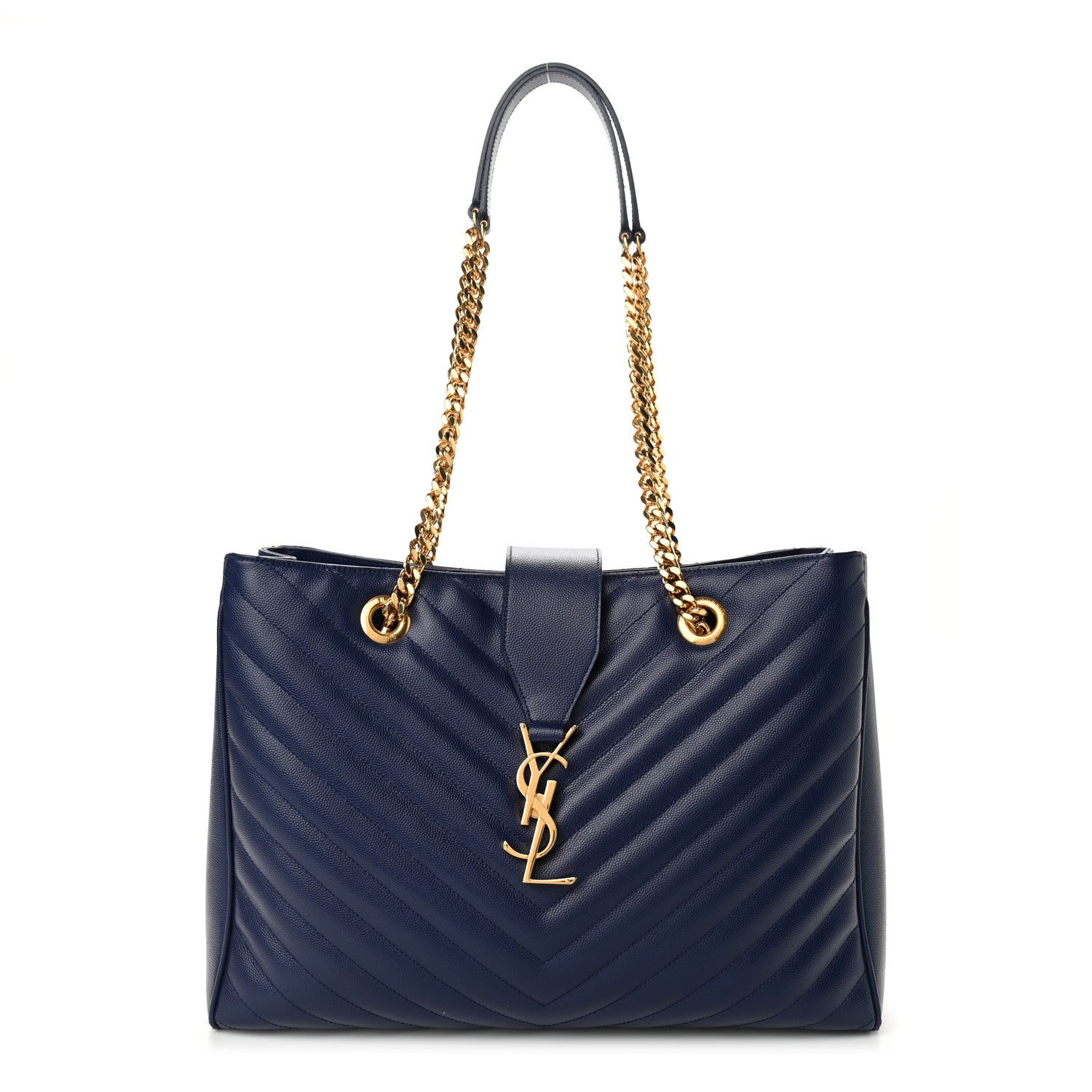 Saint Laurent Grain De Poudre Matelasse Chevron Monogram Shopping Bag Deep Marine 1 of 9