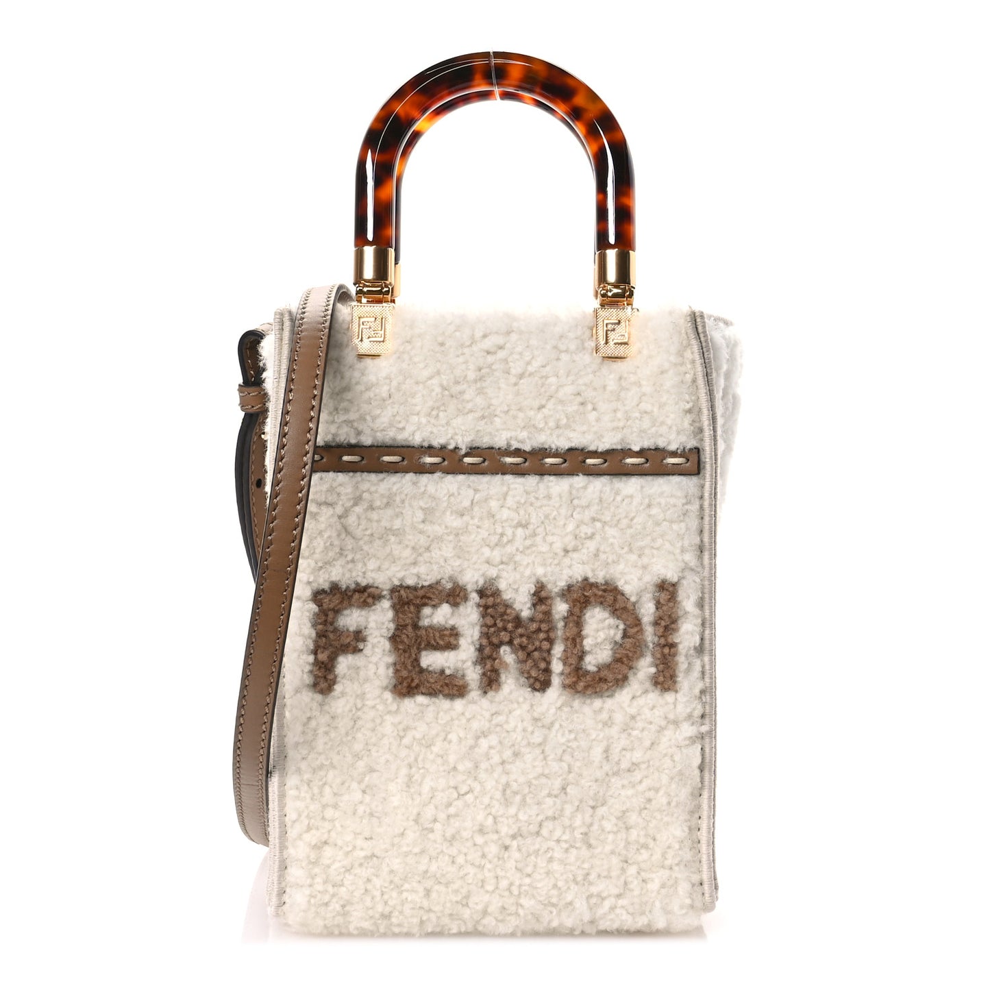 Shearling Vitello King Plexiglass Logo Mini Fendi Sunshine Shopper Tote White