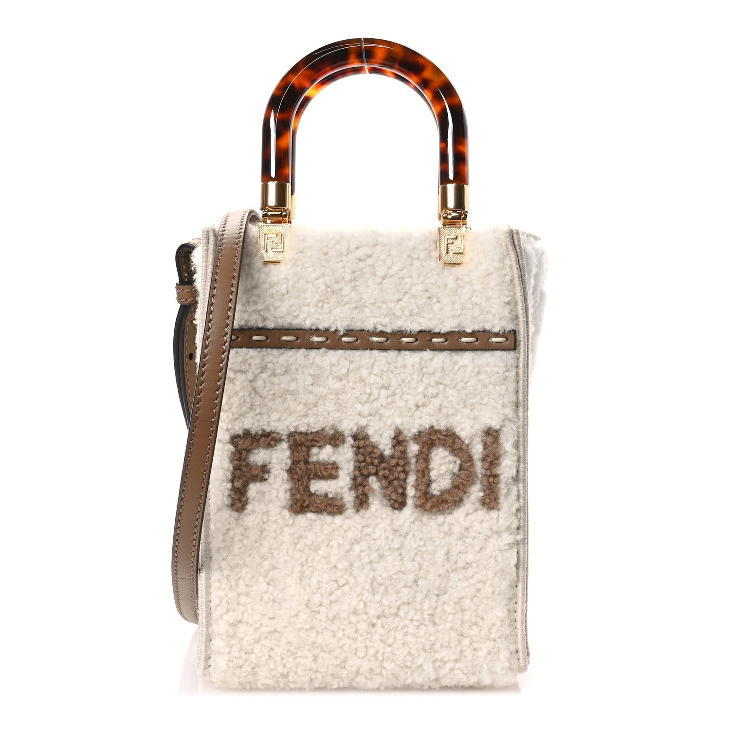 Fendi Shearling Vitello King Plexiglass Logo Mini Fendi Sunshine Shopper Tote White 1 of 10