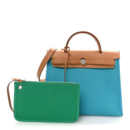 Hermes Vache Hunter Toile Herbag Zip 31 PM Bleu Azteque Menthe 3 of 11
