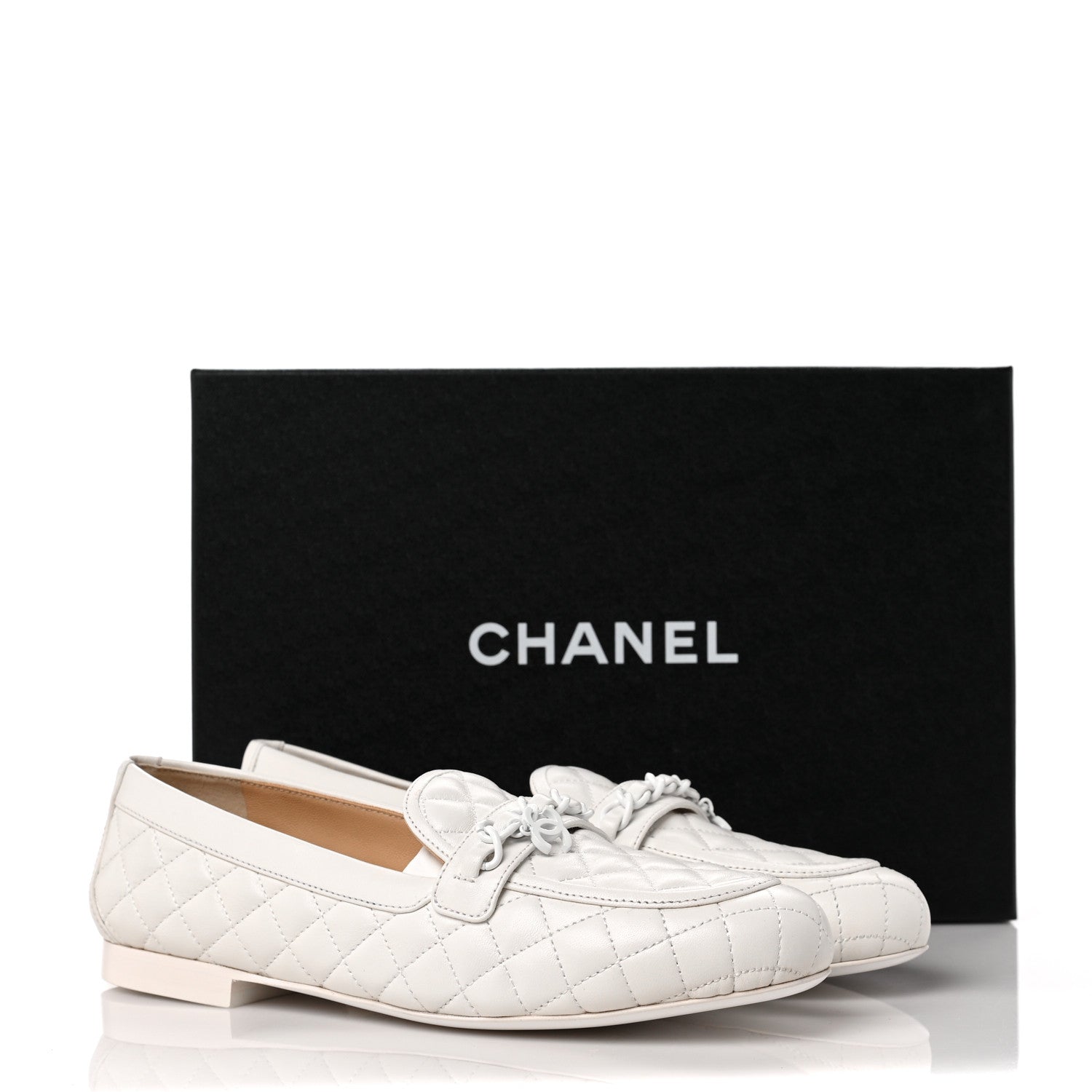Chanel Lambskin Quilted Womens Chain CC Loafers 38 White 8 of 8