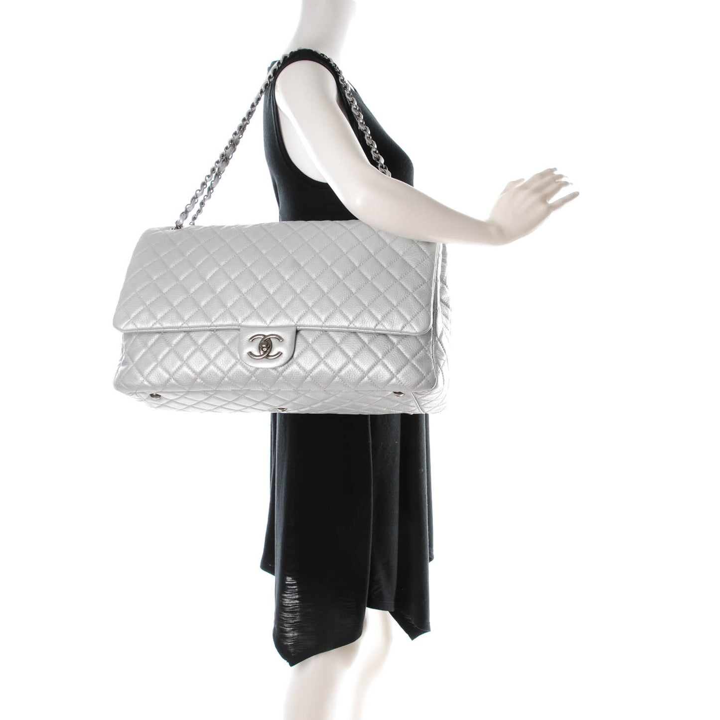 Calfskin Quilted XXL Travel Flap Bag Silver