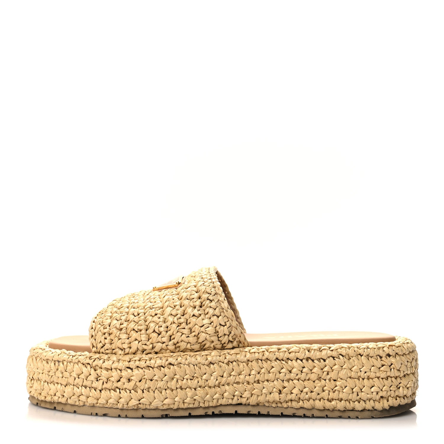 Prada Raffia Metal Triangle Logo Woven Flatform 35mm Slide Sandals 37 Naturale 1 of 9