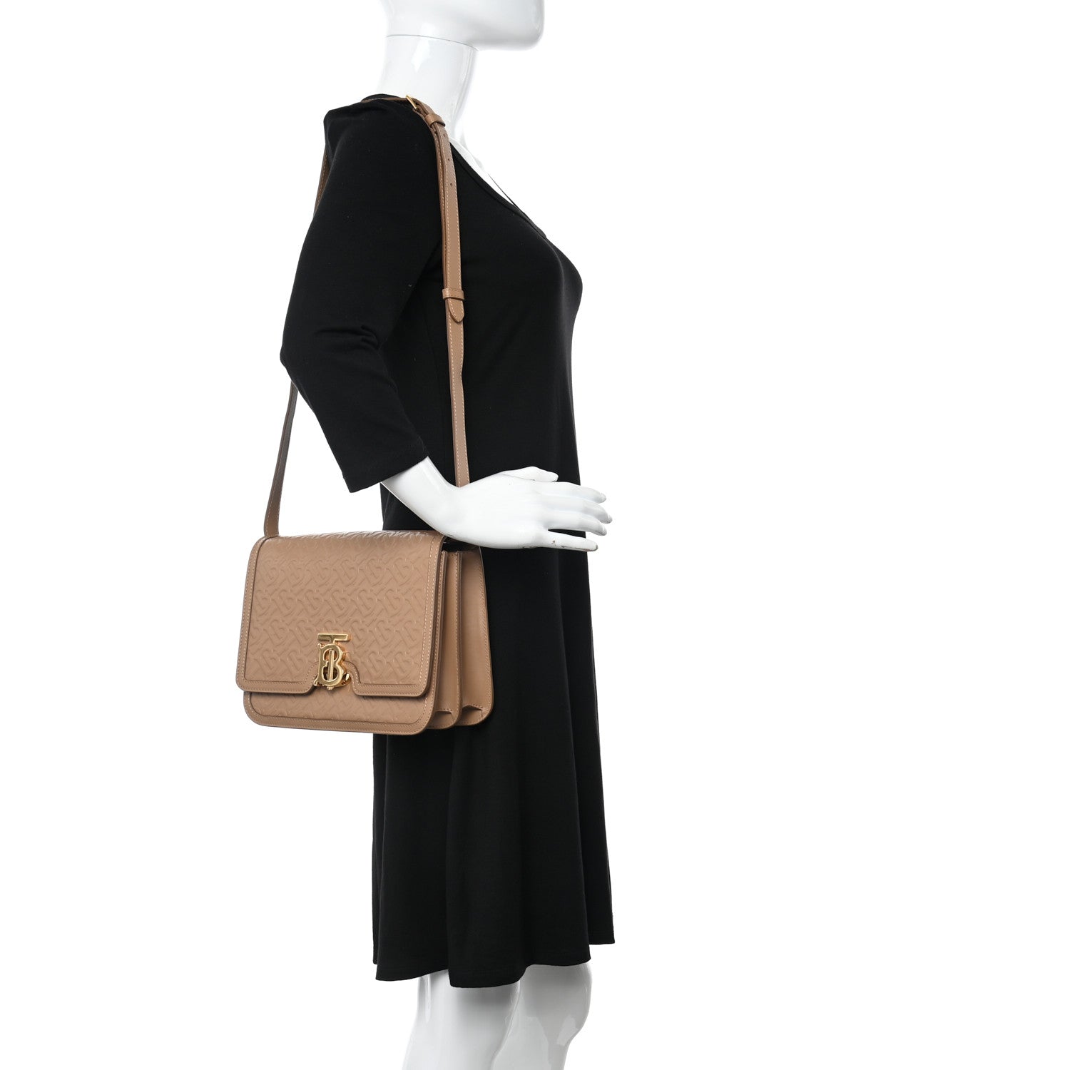 Burberry Calfskin Monogram Embossed Medium TB Bag Light Camel 2 of 10
