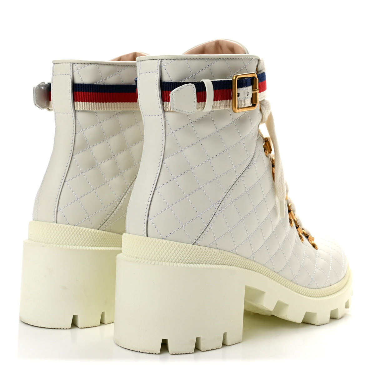 Calfskin Quilted Sylvie Web Lace Up Combat Ankle Boots 39 White