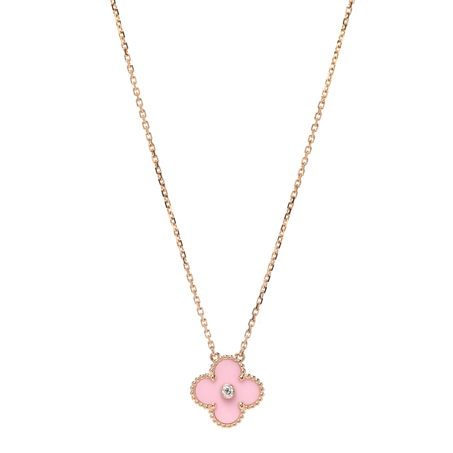 18K Rose Gold Diamond Pink Porcelain Vintage Alhambra Pendant Necklace