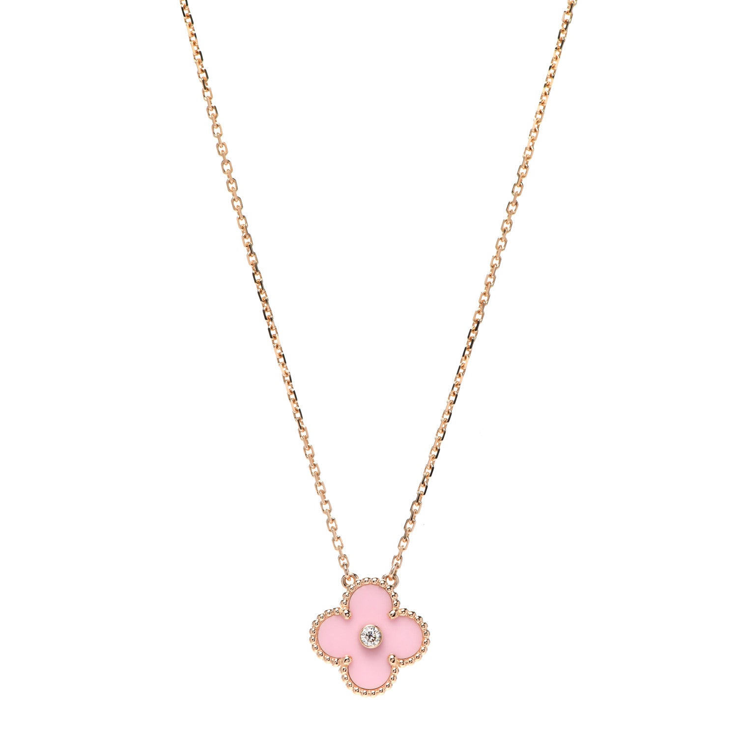 Van Cleef & Arpels 18K Rose Gold Diamond Pink Porcelain Vintage Alhambra Pendant Necklace 1 of 7