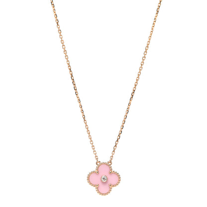 Van Cleef & Arpels 18K Rose Gold Diamond Pink Porcelain Vintage Alhambra Pendant Necklace 1 of 7