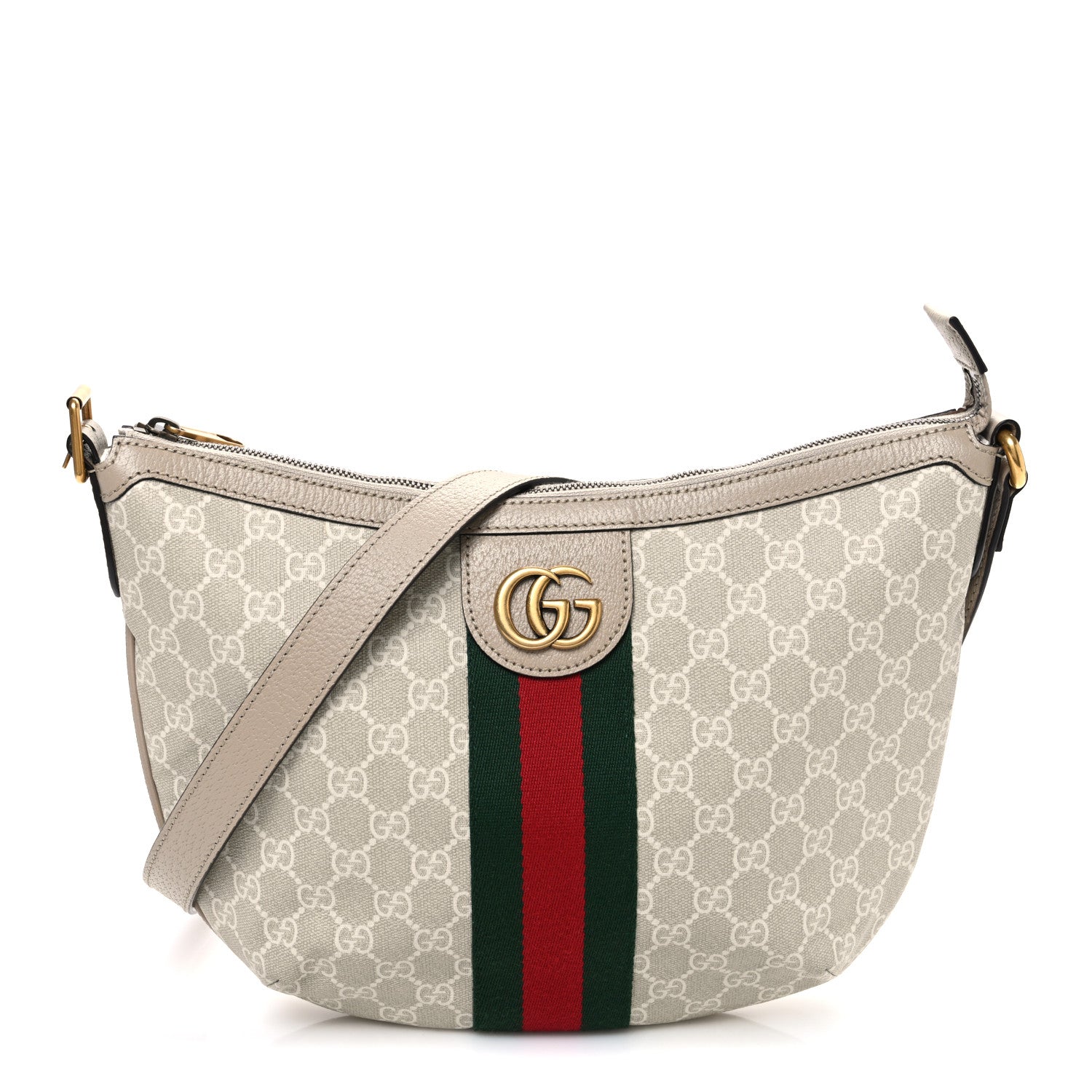 Gucci GG Supreme Monogram Textured Dollar Calfskin Web Small Ophidia Half Moon Hobo Beige Mystic White Oatmeal 1 of 10