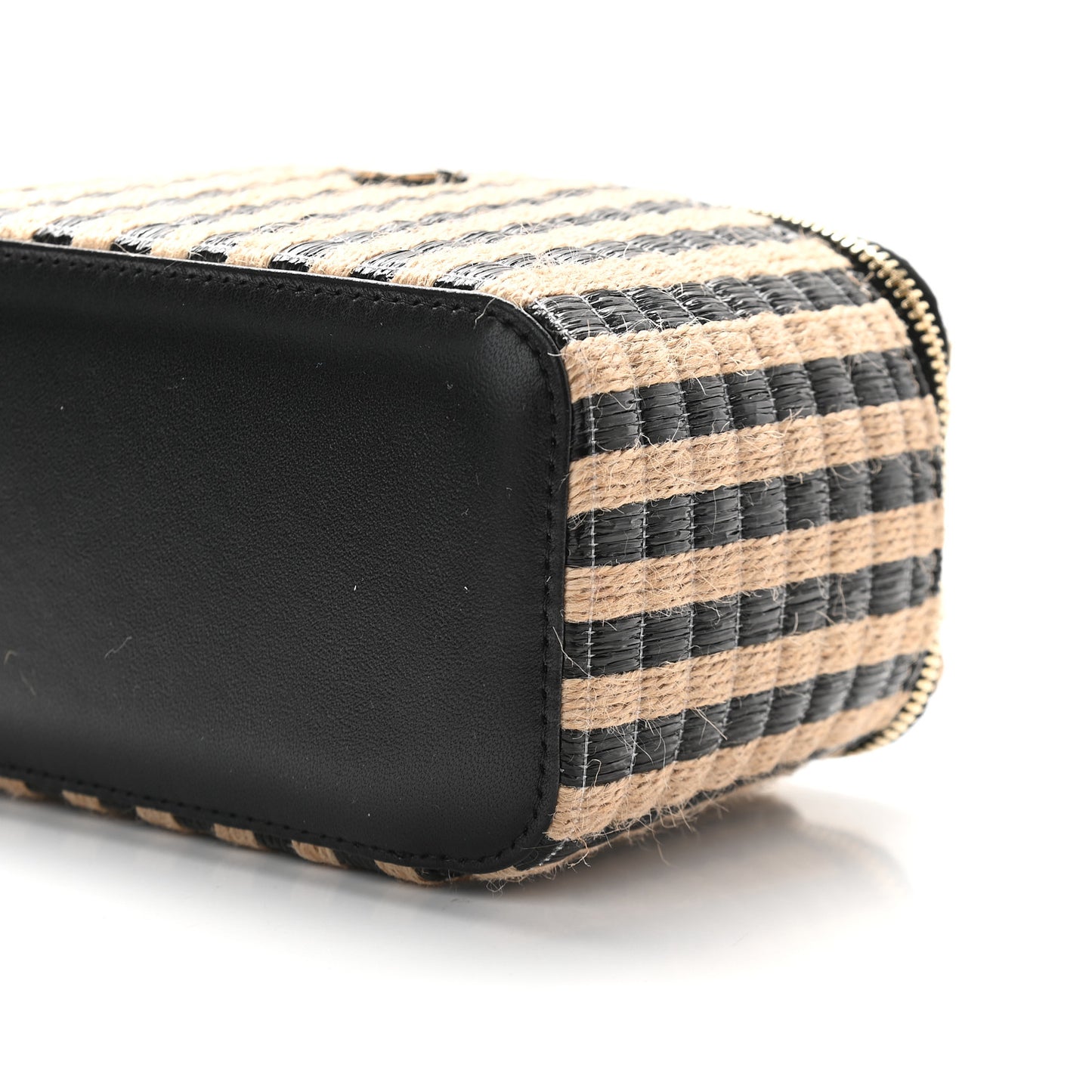 Raffia Jute Striped Small Vanity Case With Chain Black Beige