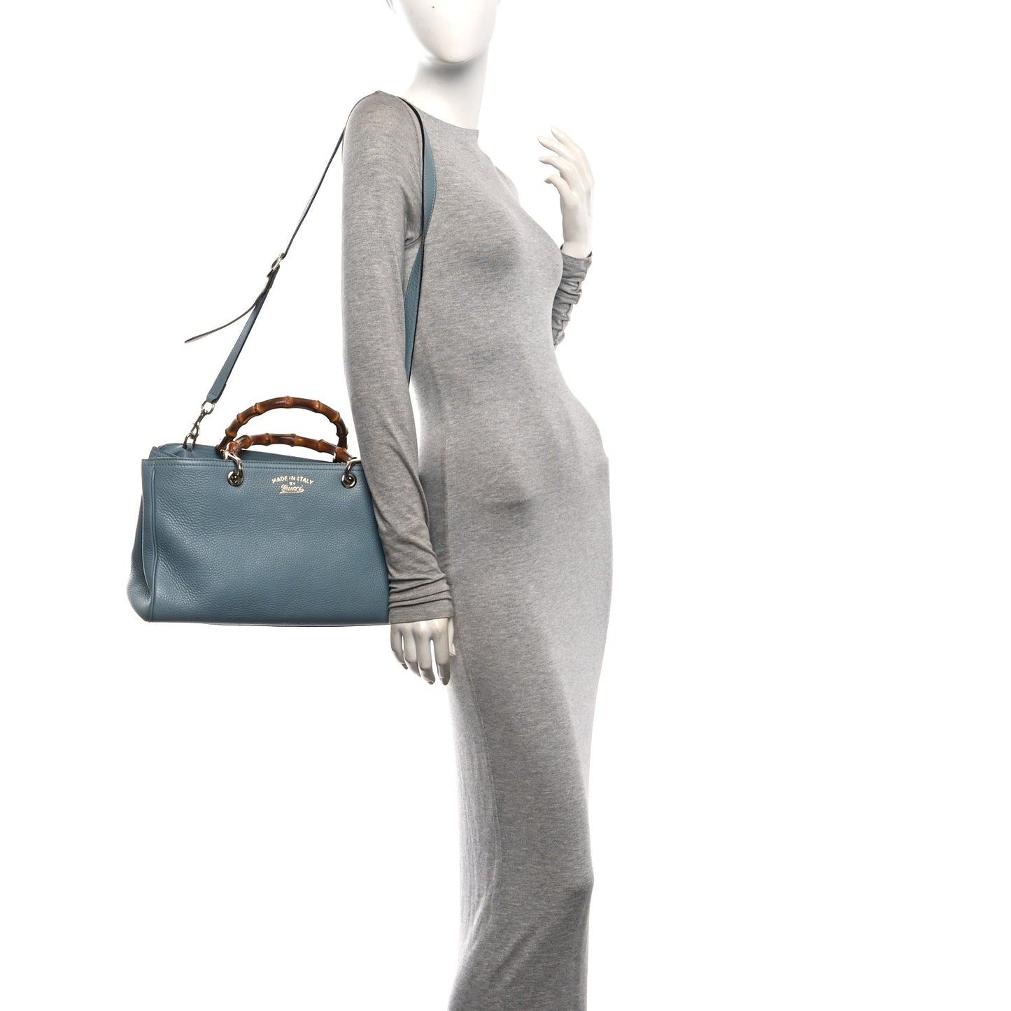 Pebbled Calfskin Medium Bamboo Shopper Tote Light Blue