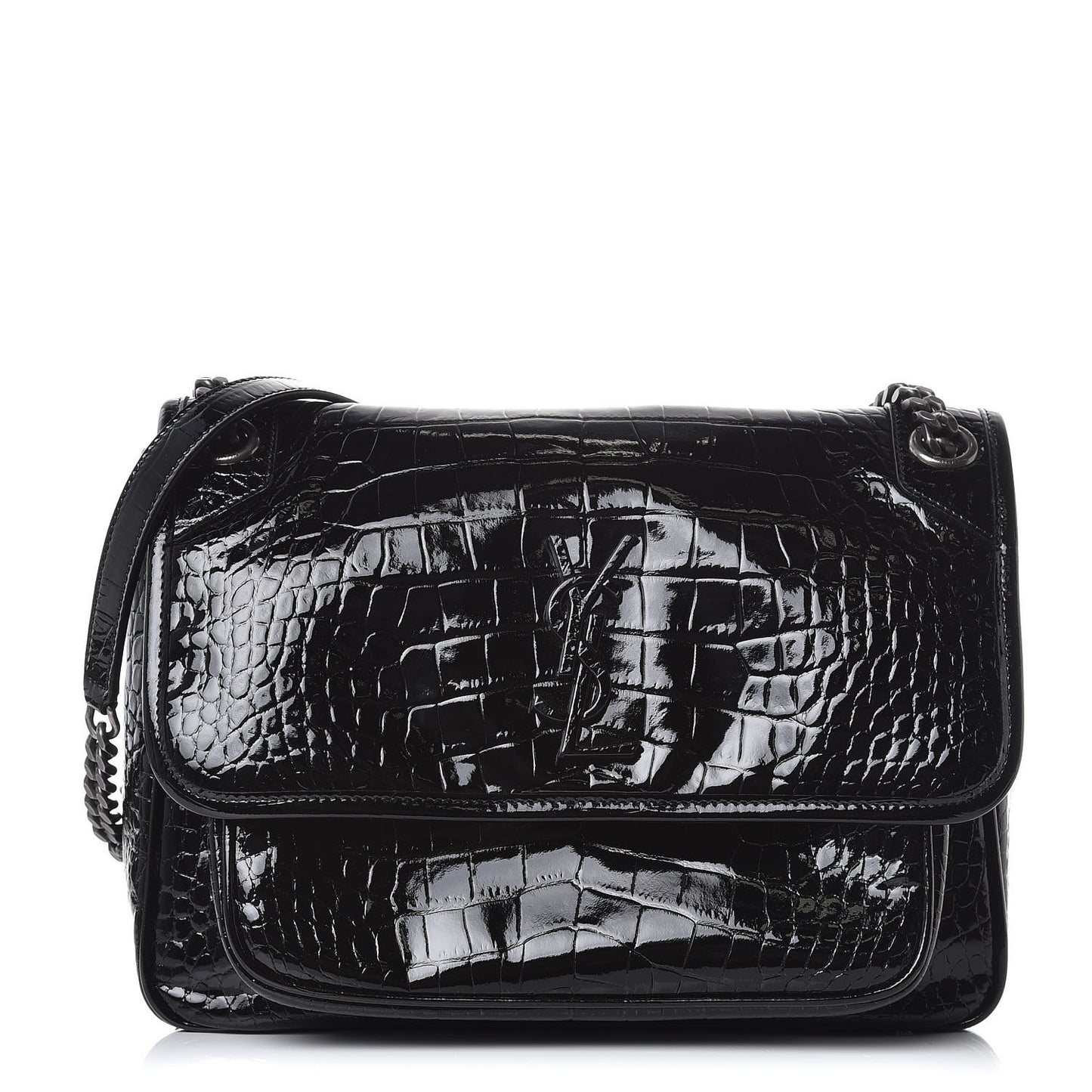 Patent Crocodile Embossed Lambskin Monogram Medium Niki Chain Satchel Black