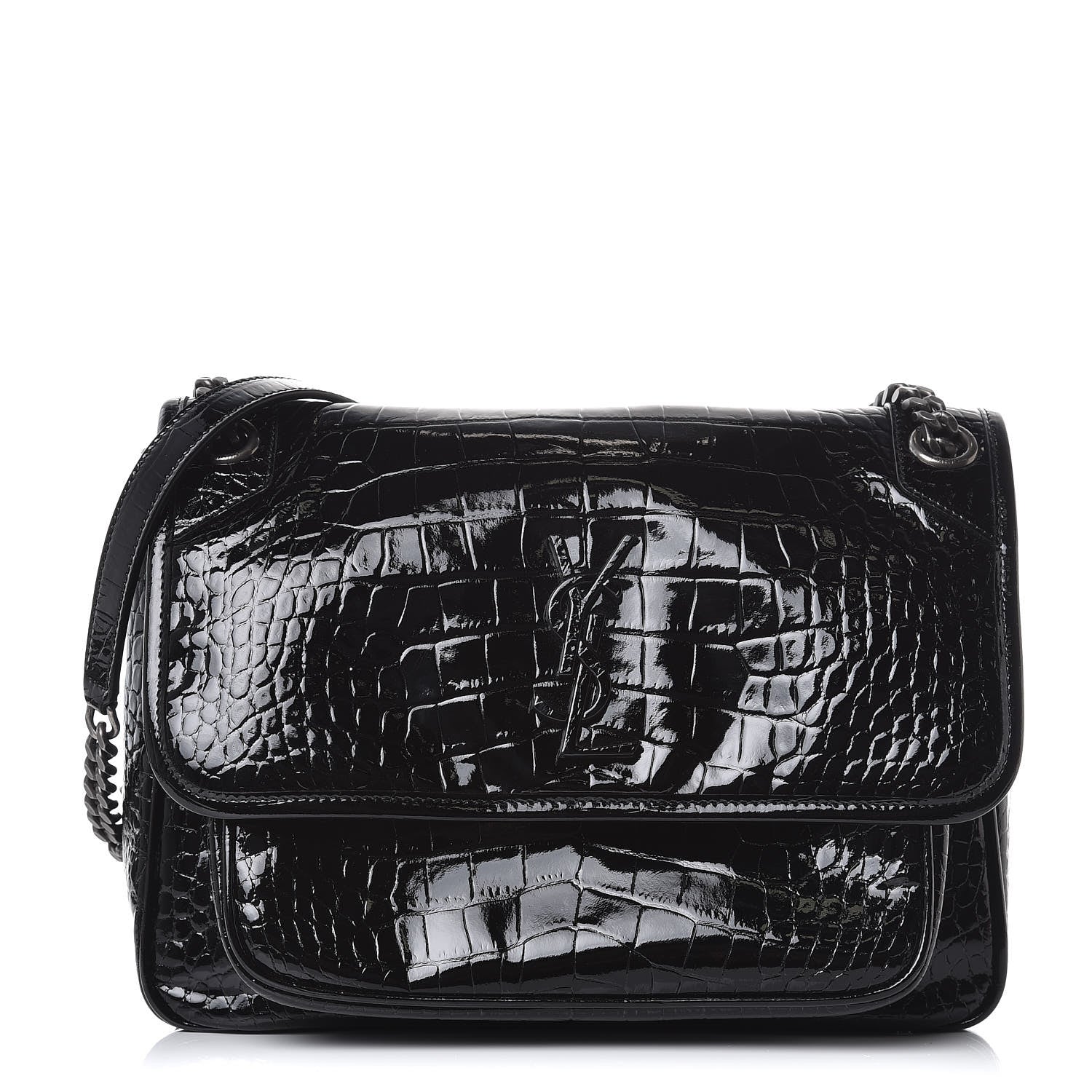 Saint Laurent Patent Crocodile Embossed Lambskin Monogram Medium Niki Chain Satchel Black 1 of 8