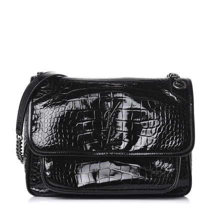 Saint Laurent Patent Crocodile Embossed Lambskin Monogram Medium Niki Chain Satchel Black 1 of 8