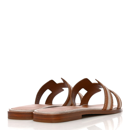 Hermes Calfskin Canvas Oran Sandals 36 Noisette Beige Dore 4 of 12