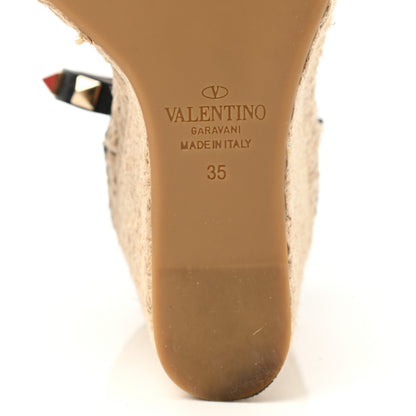 Valentino Garavani Grained Calfskin Rockstud Ankle Strap Espadrille 15/105mm Wedge Sandals 35 Black Light Cuir Natural 6 of 9