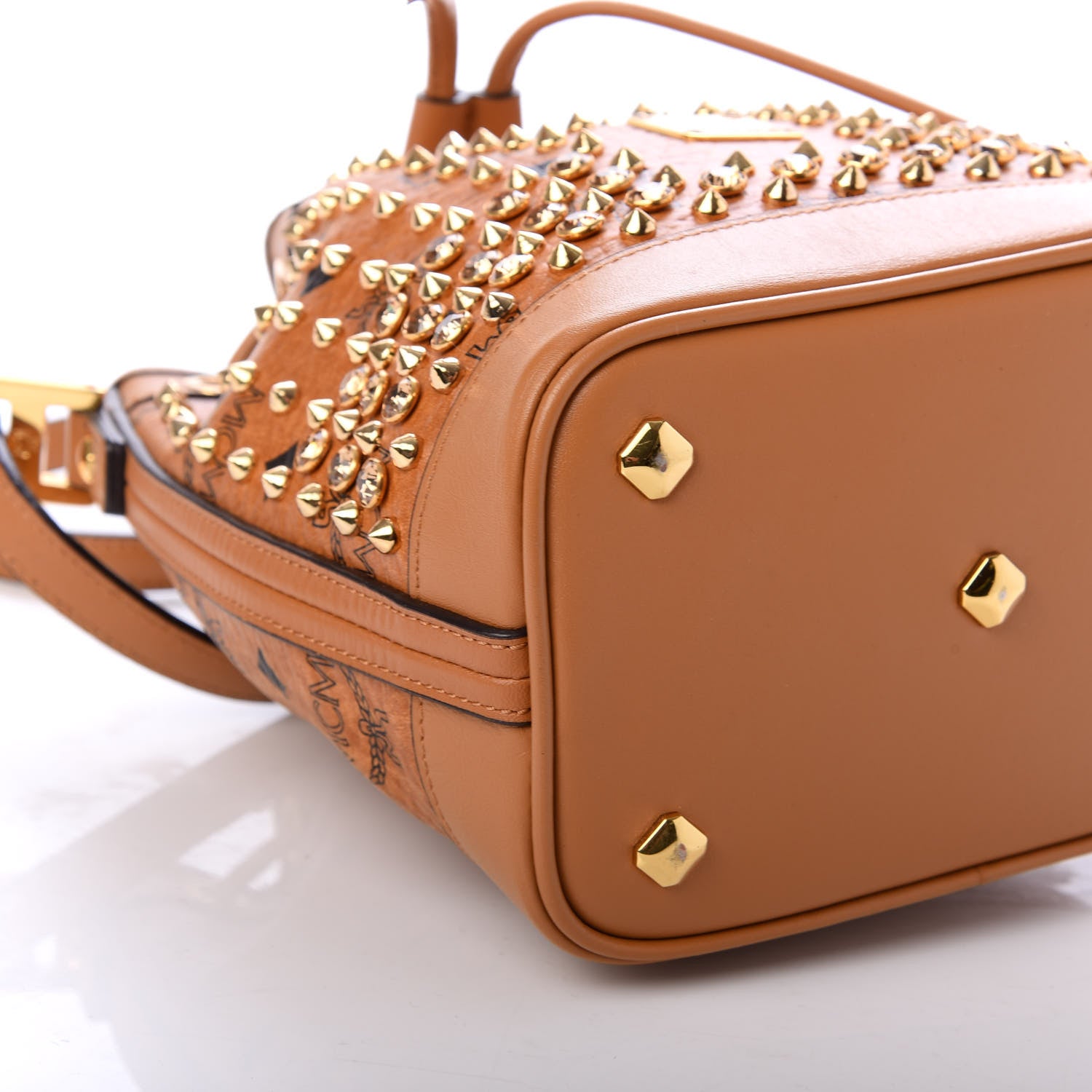MCM Visetos Swarovski Crystal Studded Mini Drawstring Bucket Bag Cognac 7 of 9