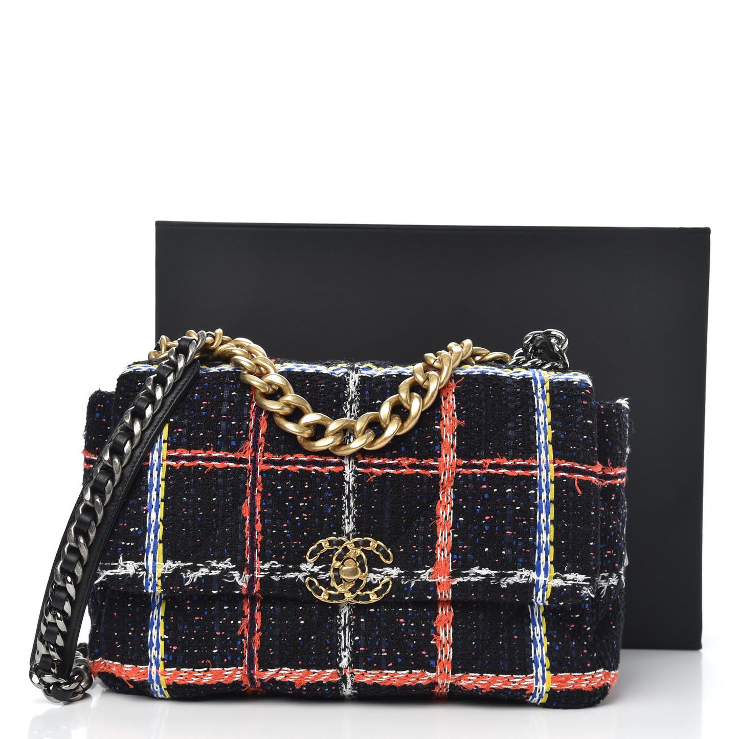 Tweed Quilted Large Chanel 19 Flap Black Orange Blue