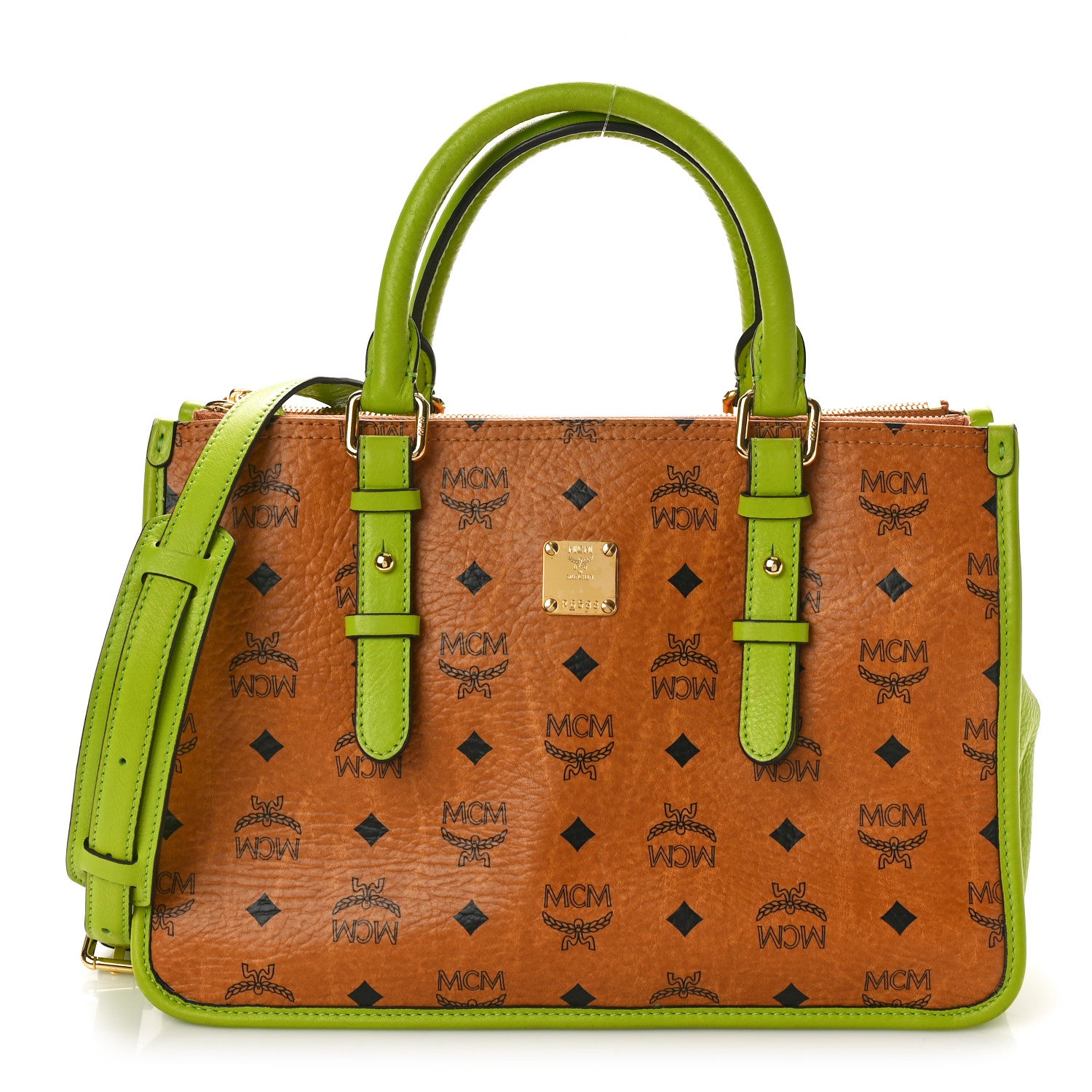 MCM Visetos Double Zip Tote Cognac Green 1 of 9