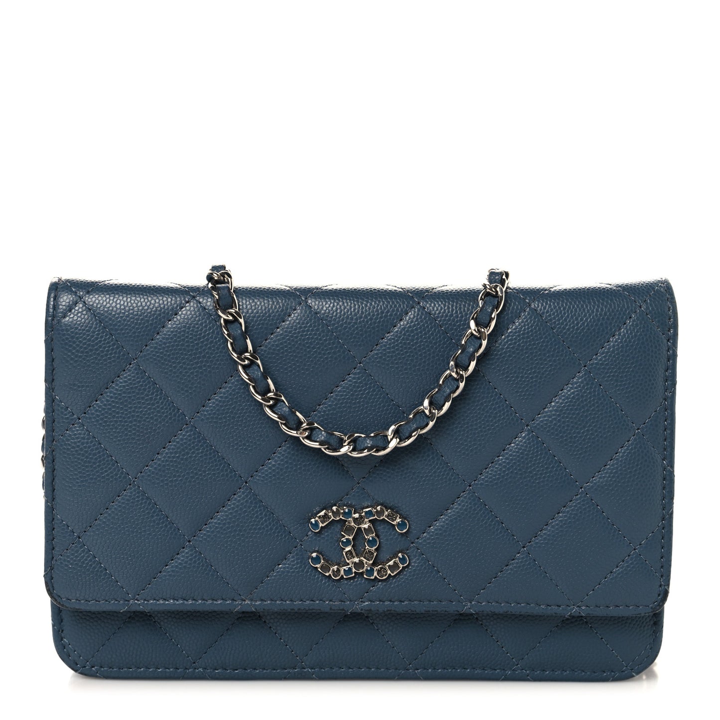 Shiny Caviar Quilted Enamel CC Wallet On Chain WOC Blue