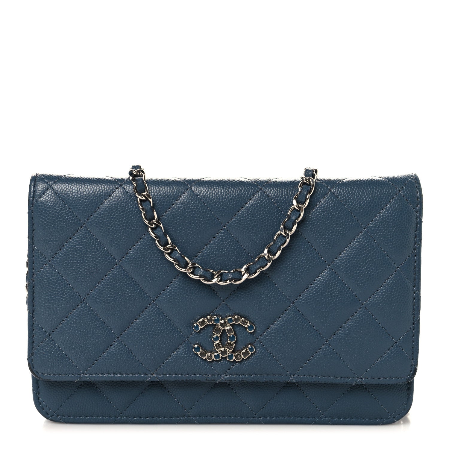 Chanel Shiny Caviar Quilted Enamel CC Wallet On Chain WOC Blue 1 of 12