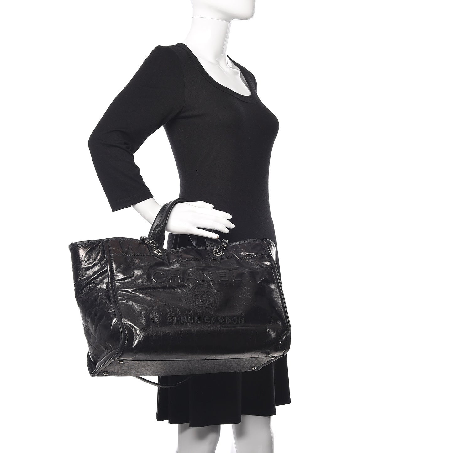 Glazed Calfskin Large Deauville Tote Black