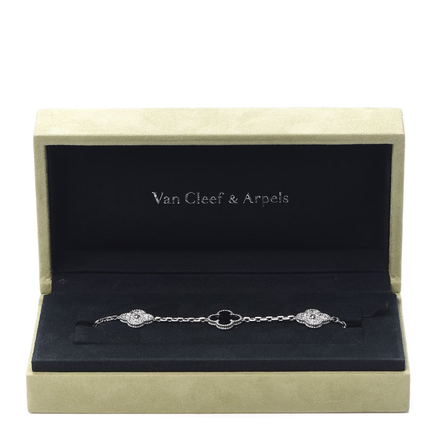 18K White Gold Diamond Black Onyx 5 Motifs Vintage Alhambra Bracelet